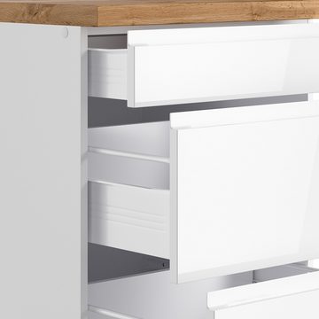 Lomadox Küchenzeile MARSEILLE-03, Fronten Hochglanz weiß, Arbeitsplatte Eiche, 300cm, ohne E-Geräte