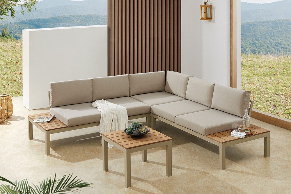 riess-ambiente Sitzgruppe MIAMI LOUNGE 240cm champagner/greige - WPC, Aluminium, wetterfest, (Einzelartikel, 1-tlg), Outdoor Lounge inkl. Kissen - ideal für Balkon, Terrasse oder Garten