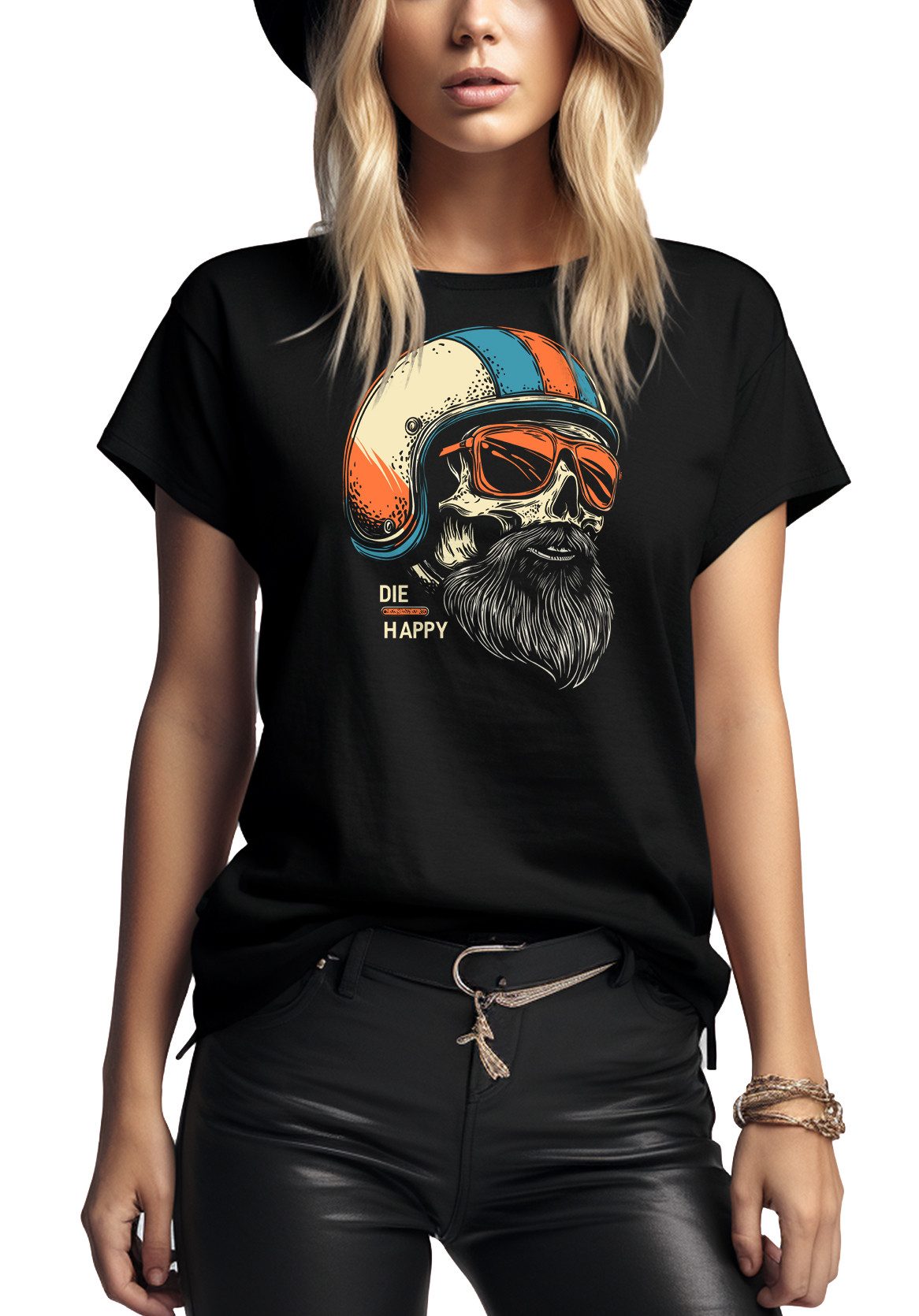 MAKAYA Print-Shirt Damenshirt mit Motorradhelm & Spruch – Rockiger Biker Look (Schwarz, S, M, L, XL) Baumwolle