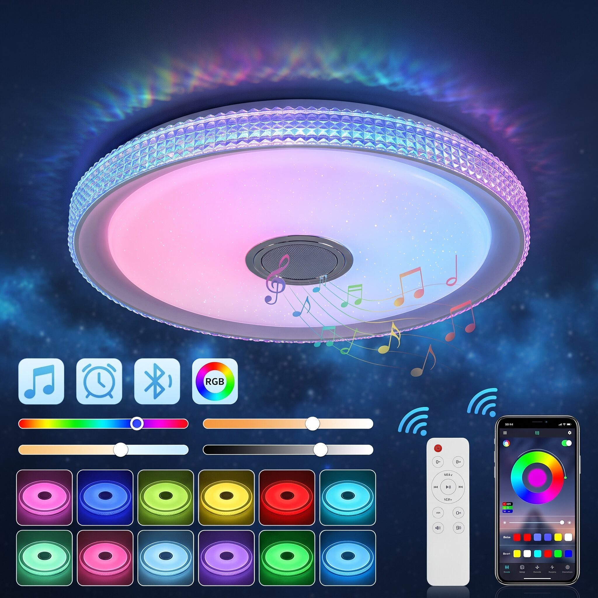 oyajia Deckenleuchte 55W LED Deckenlampe mit Bluetooth Lautsprecher, RGB Fernbedienung APP, 50 CM, LED fest integriert, Kaltweiß+Naturweiß+Warmweiß+RGB, mit RGB Farbwechsel für Schlafzimmer Wohnzimmer Kinderzimmer Hotel