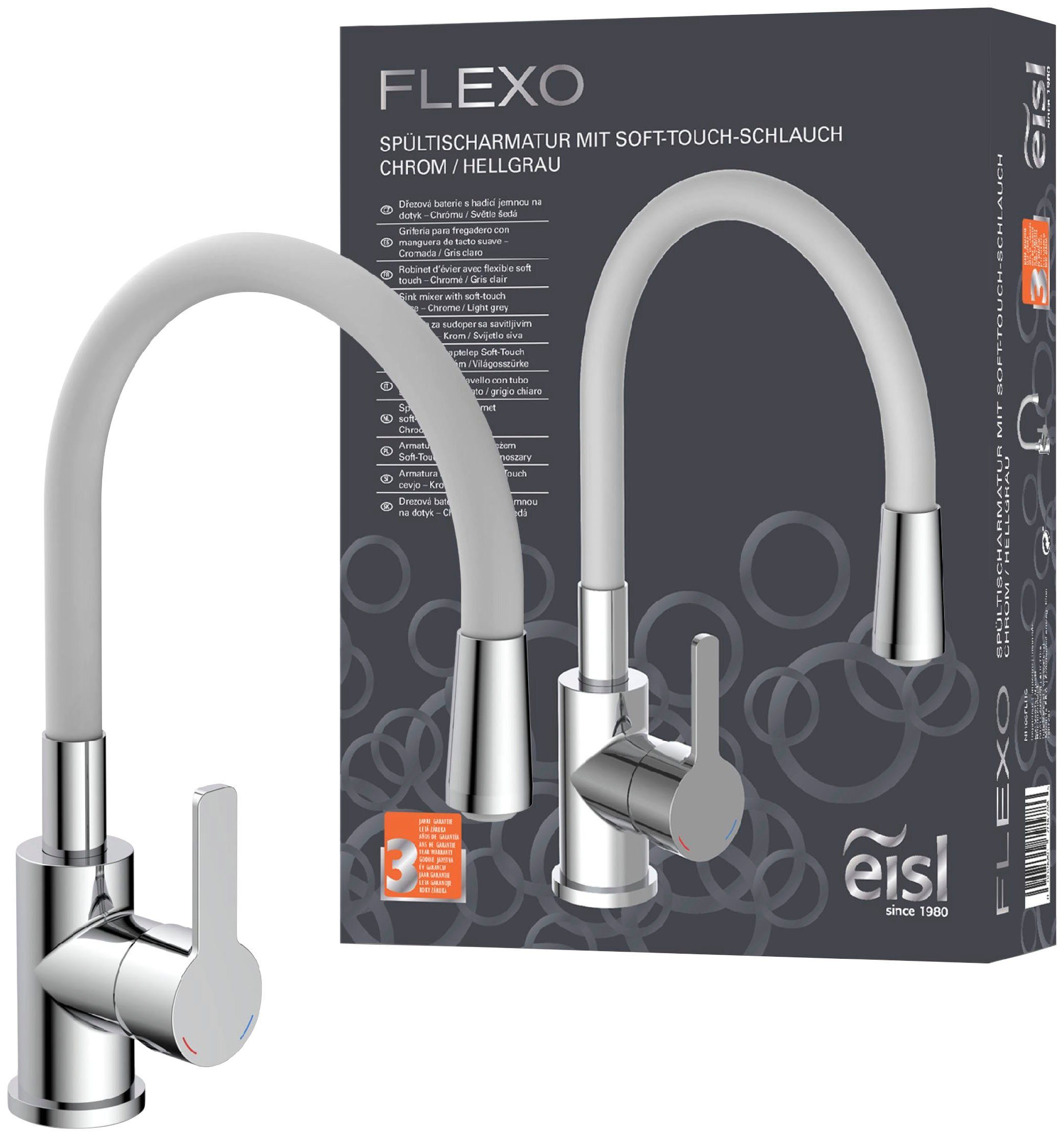 Eisl Spültischarmatur Flexo energiesparender Cold-Start, wassersparender Eco-Click,360° schwenkbar hellgrau/chrom