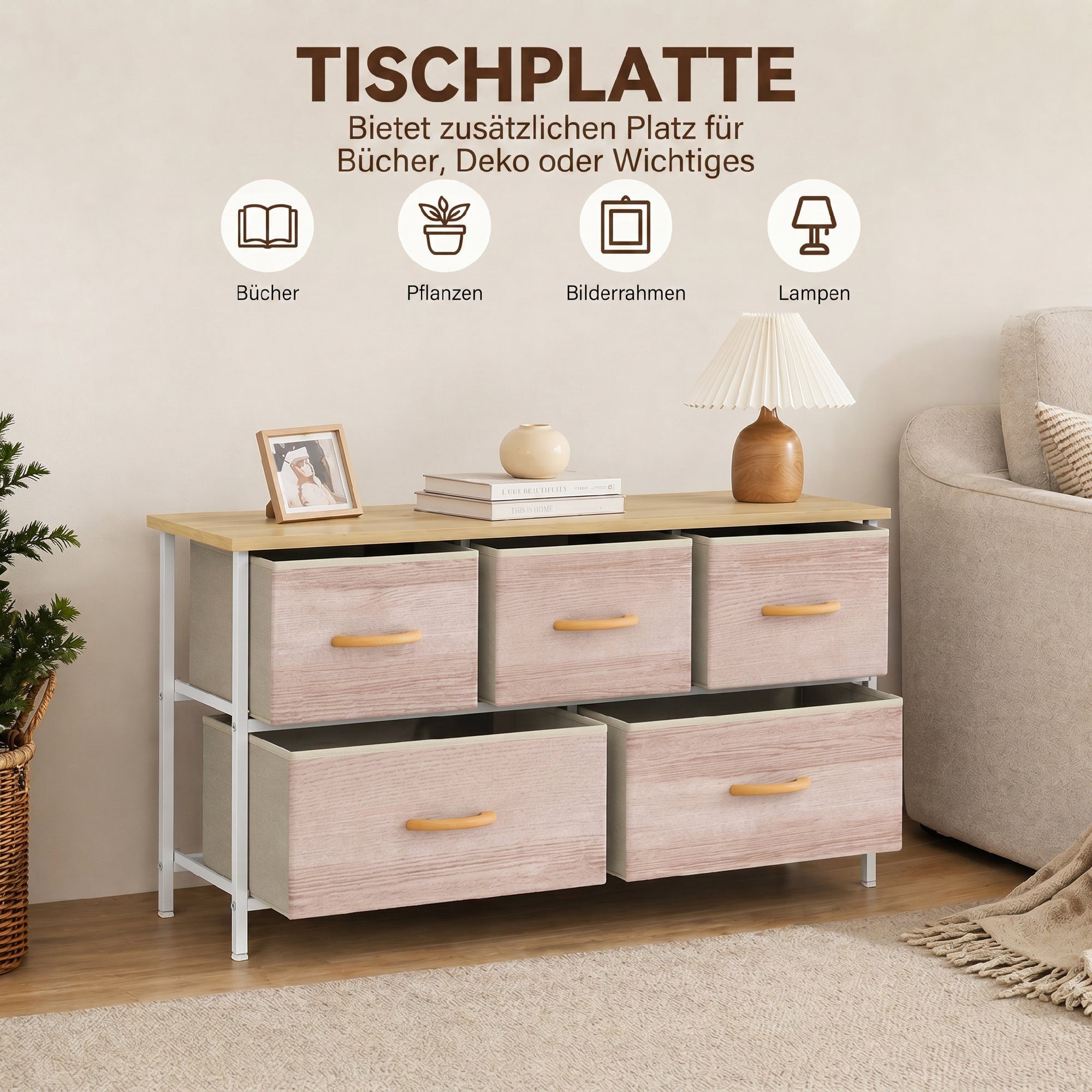 HOMCOM Kommode 5 Schubladen Stoff Schubladenschrank mit Metallrahmen Naturholz (Schrank, 1 St., Aufbewahrungsschrank), für Wohnzimmer, Schlafzimmer, 100x30x51,5 – Bild 5 von 5