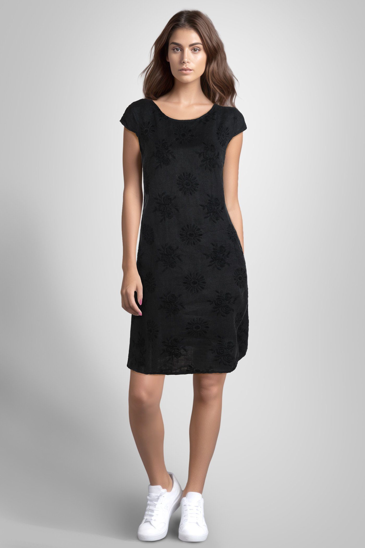 (1-tlg) PEKIVESSA v2-schwarz Sommerkleid Stickerei knielang kurzarm mit Damen Leinenkleid