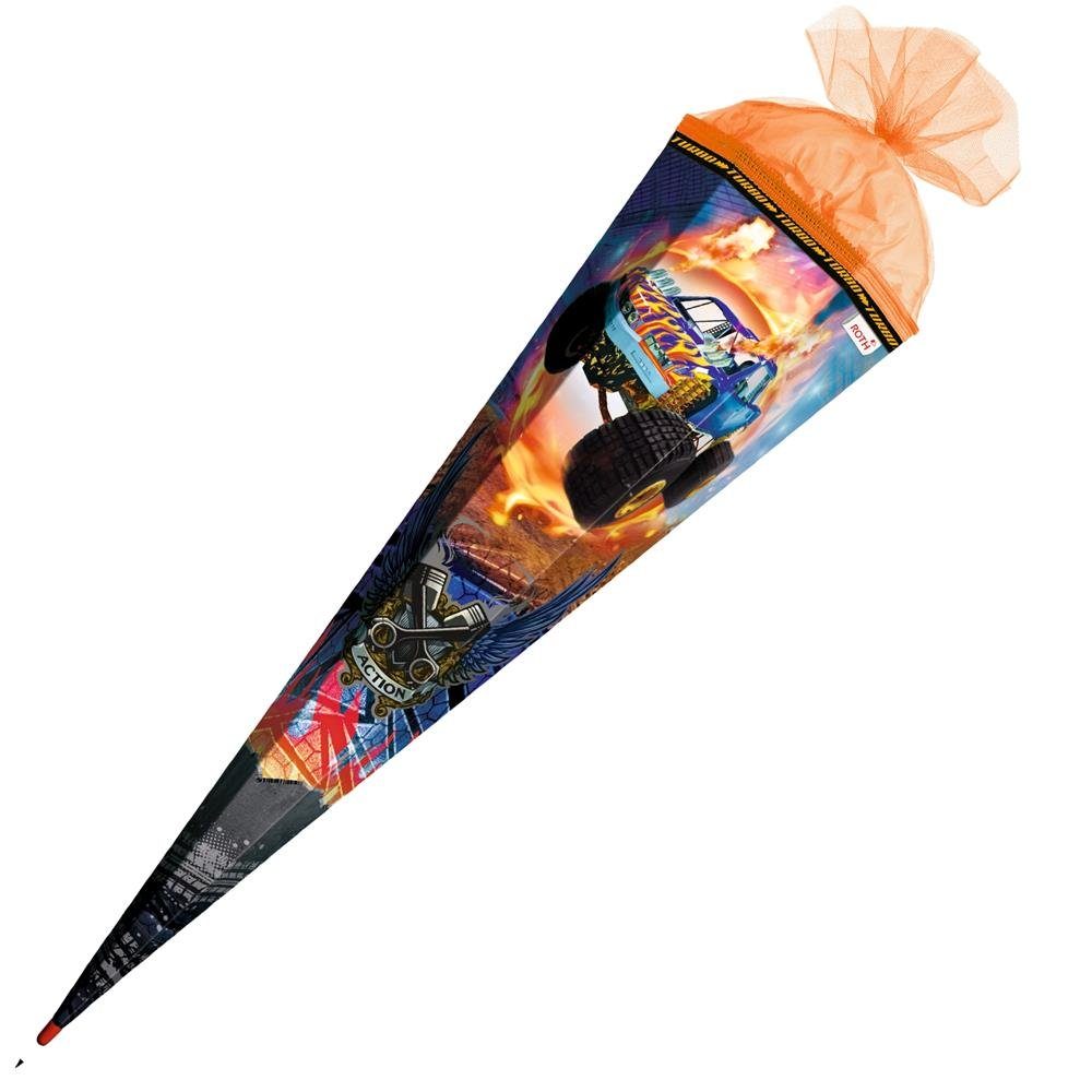 Roth Schultüte Monstertruck Fire mit Spezialborte, 85 cm, eckig, mit orangefarbigem Tüllverschluss, Rot(h) Spitze