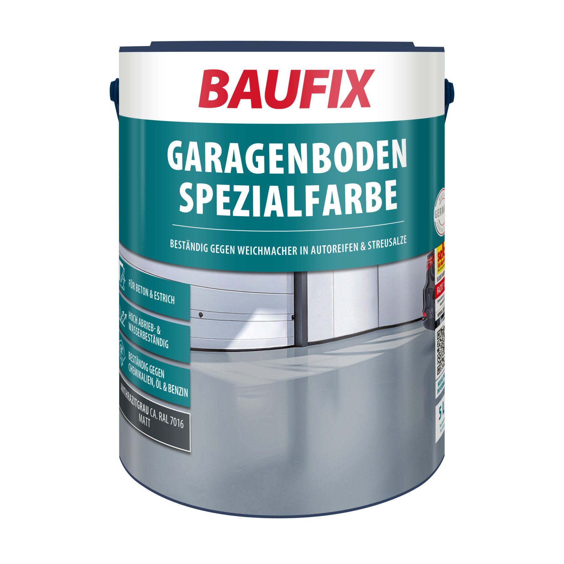 Baufix Bodenversiegelung Garagenboden Spezialfarbe matt, 5 Liter für ca. 30 m², Schutzanstrich für Beton & Estrich, abrieb- und wetterbeständig