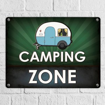 speecheese Metallschild Camping Zone Metallschild in grün mit Wohnwagen Motiv Wohnmobil