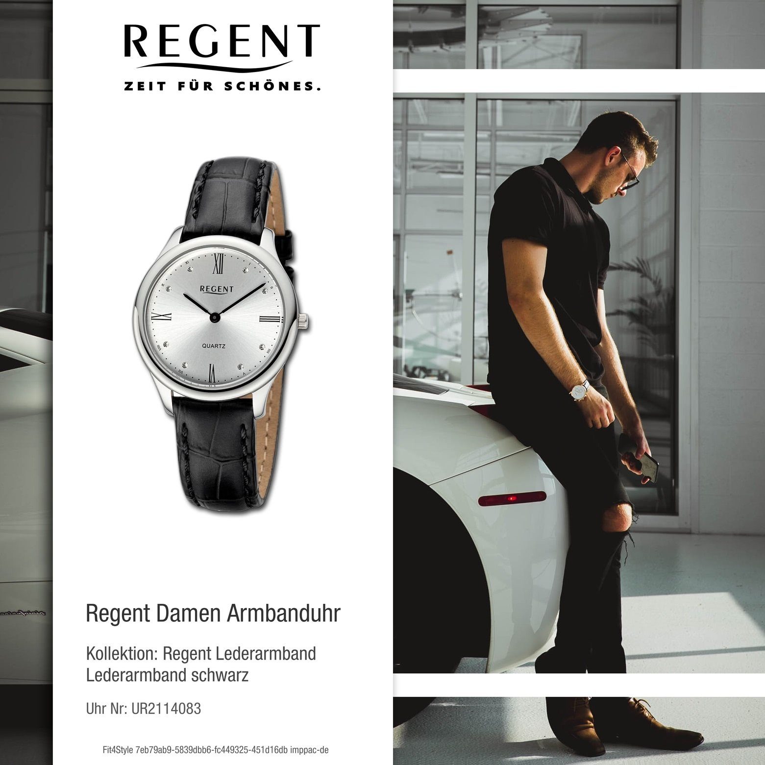 Regent Quarzuhr extra Analog, rund, Damen Regent Damen groß (ca. Lederarmband Armbanduhr Armbanduhr 33mm)