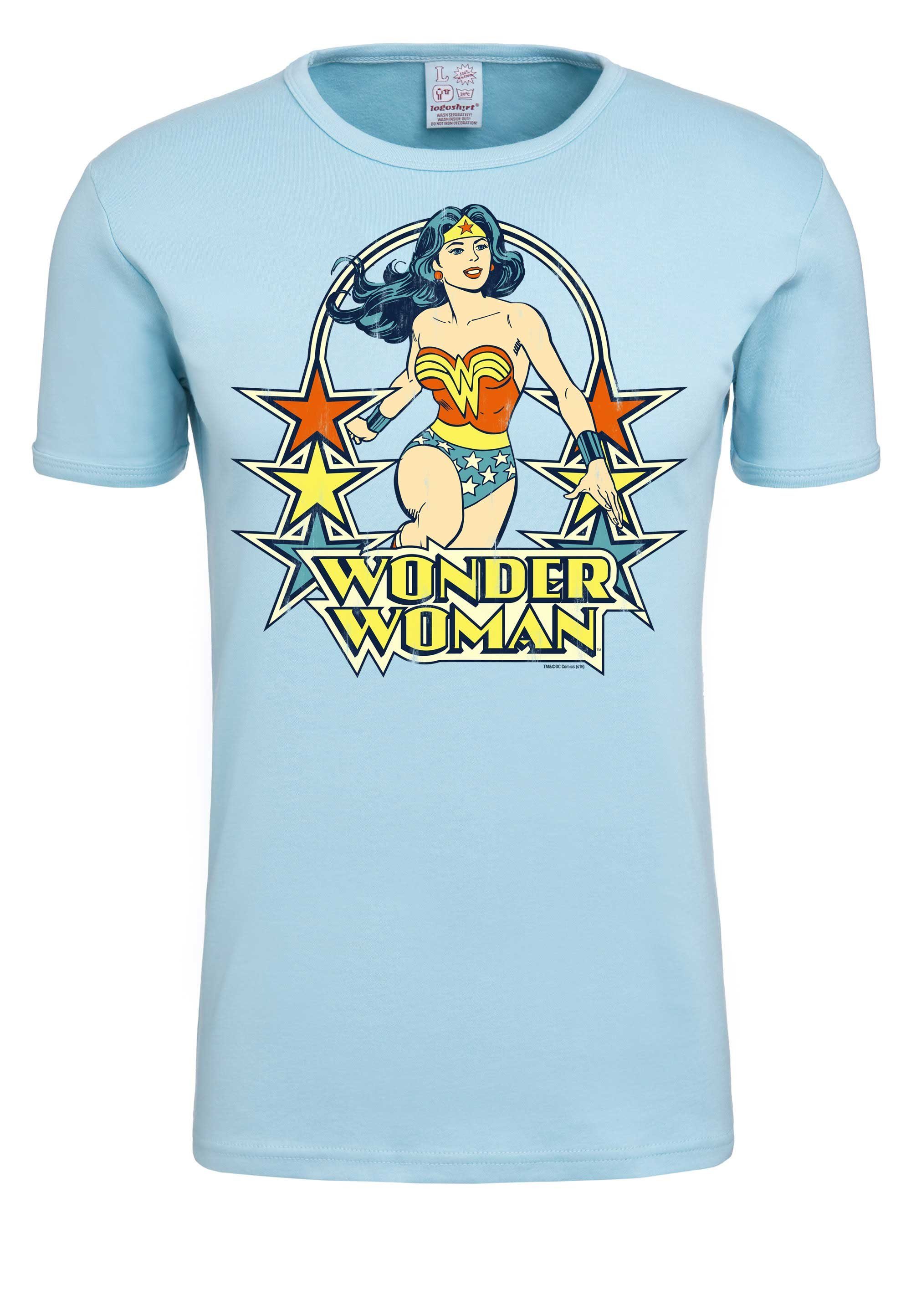 Woman Wonder Stars T-Shirt Originaldesign – hellblau LOGOSHIRT mit lizenziertem