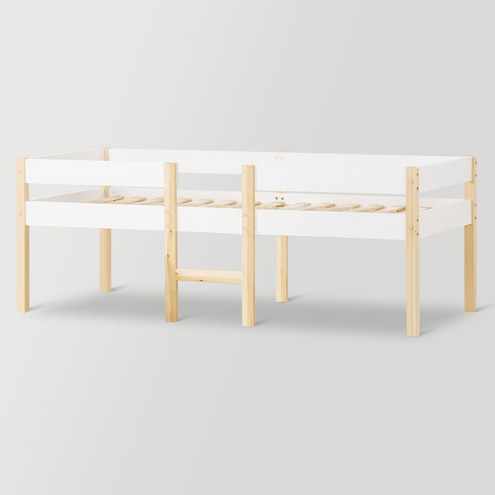 Hochbett (Kinderbett Einzelbett) inklusive Rausfallschutz, Lattenrost und Holzleiter, Kiefer, 90x190cm