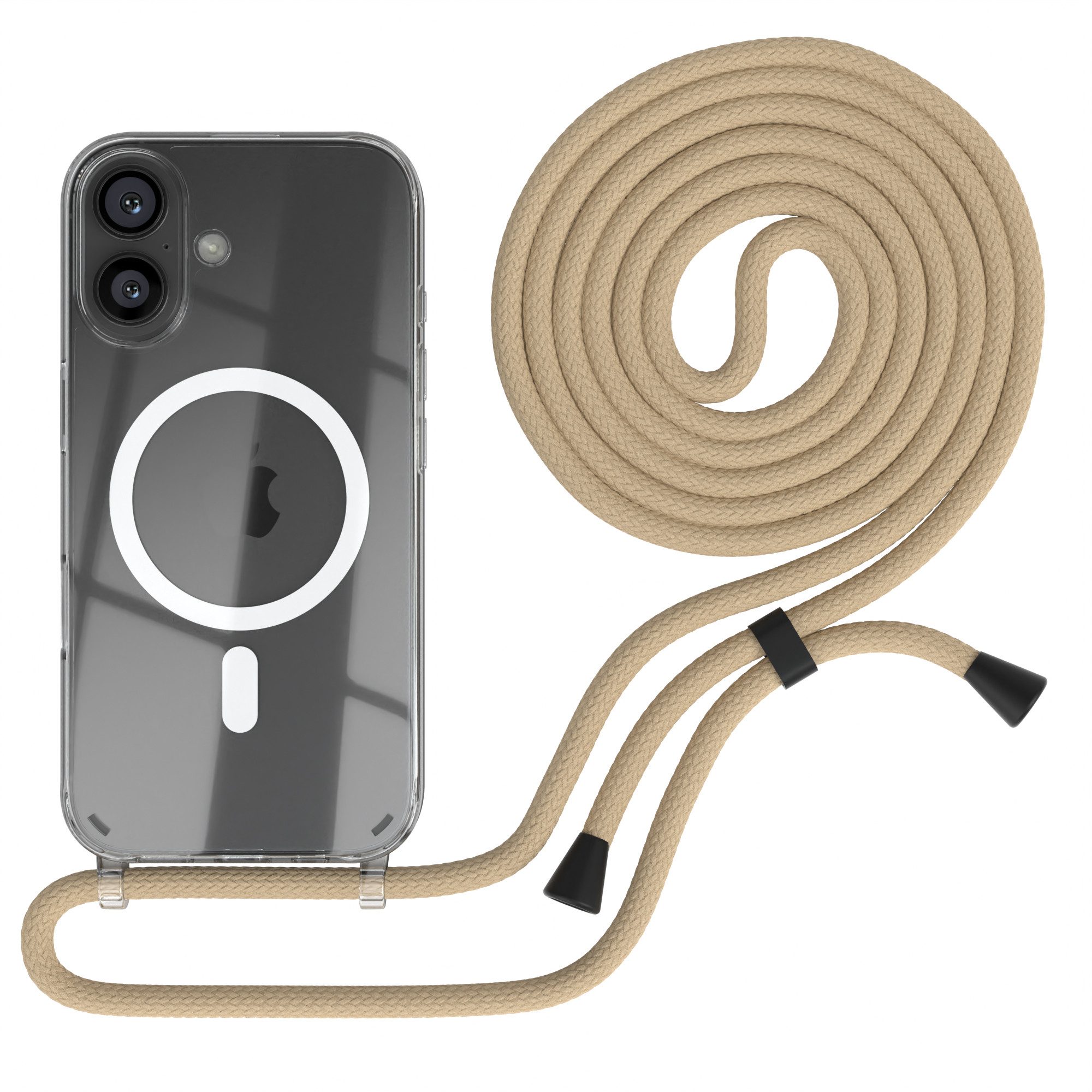 EAZY CASE Handykette mit Magsafe Hülle für Apple iPhone 16 6,1 Zoll, Kette zum Umhängen Backcover Etui Schutzhülle Hülle Band Case Beige