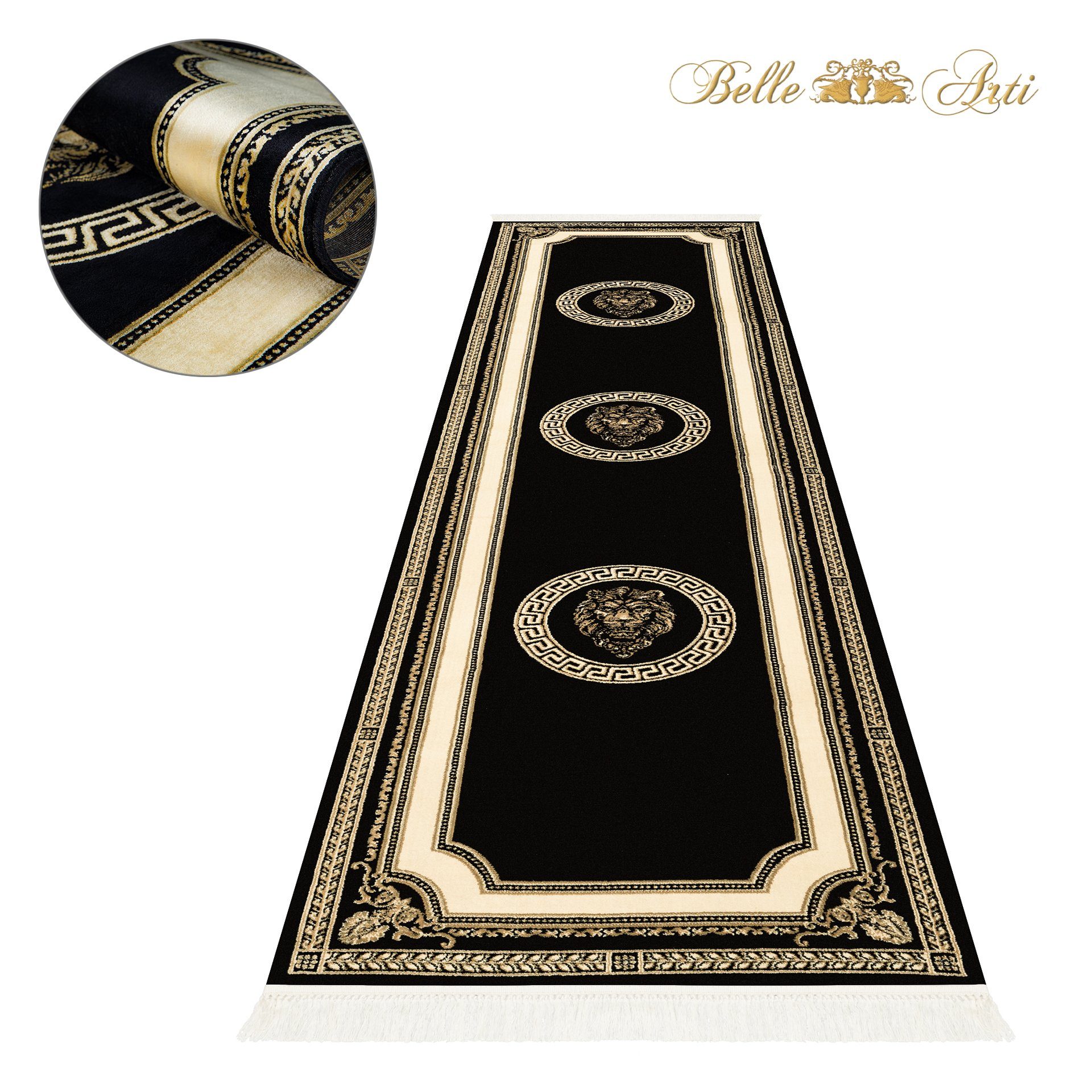 Belle Arti Teppich Luxus Teppich Läufer Löwen Motiv schwarz gold kurzflor 100% Viskose, Rechteckig, flauschig