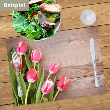 Platzset, Tischset Frühling, Ostern & Blumen - Rote Tulpen auf Tisch, Tischsetmacher, (aus Naturpapier in Aufbewahrungsmappe, 12-St., 44 x 32 cm / rot), Made in Germany