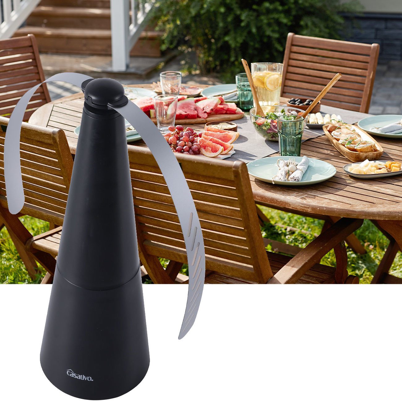 Casativo Fliegenwedler Akku-Fliegenvertreiber mit 2 Flügeln, ohne Chemie, Li-Ion Akku, 1-tlg., Hinstellen, Aufhängen auf Balkon, Terrasse, im Garten