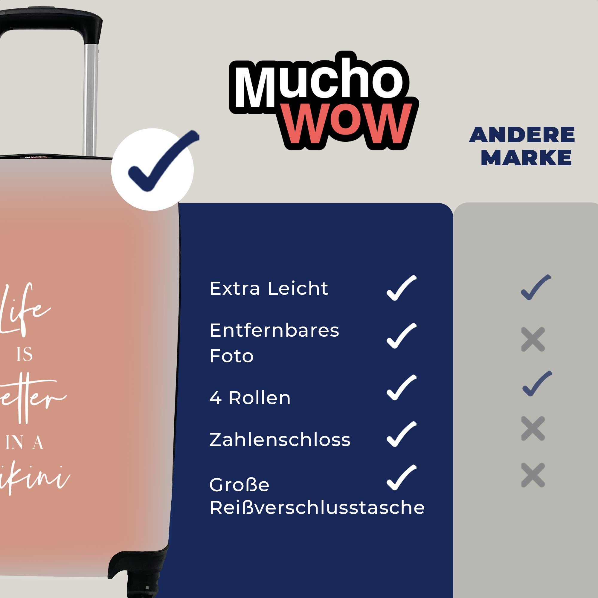 4 rollen, - Trolley, im Handgepäck für Ferien, Rollen, Zitat Pink, besser Reisetasche Leben - Das Bikini MuchoWow ist Handgepäckkoffer Reisekoffer mit