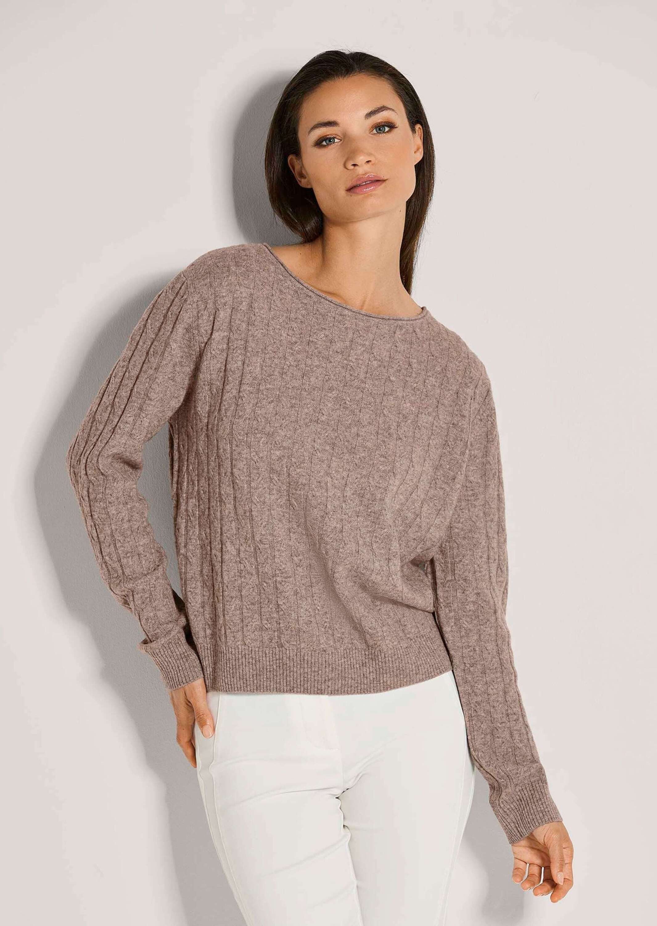 MADELEINE Strickpullover Eleganter Wollpullover mit Zopfmuster Rippstrickpullover mit Rundhals und langen Ärmeln