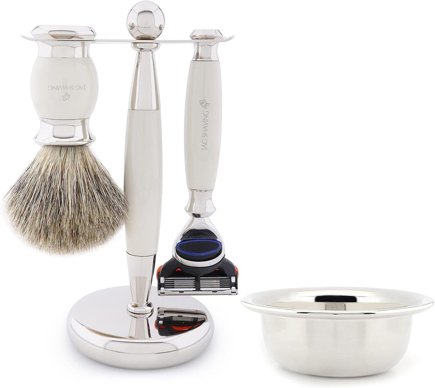 JAG SHAVING Rasierset 3-teiliges Rasierpinsel-Set aus reinem Haar im Designer-Look, 4-tlg., Gillette Fusion 5 Rasierer, Haarbürste, Rasierschale mit Doppelhalter, elegantes und erstklassiges Rasurergebnis