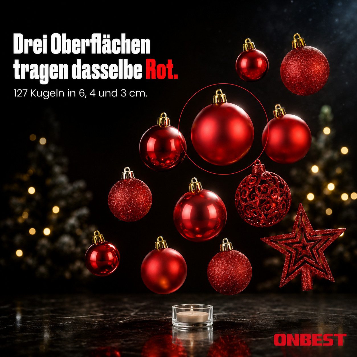 Onbest Weihnachtsbaumkugel Weihnachtskugeln 128-teiliges Set PLUS 5x Karten & 1x Baumspitze, in 3 Größen, 3 Designs, Weihnachtsschmuck Weihnachtsdeko