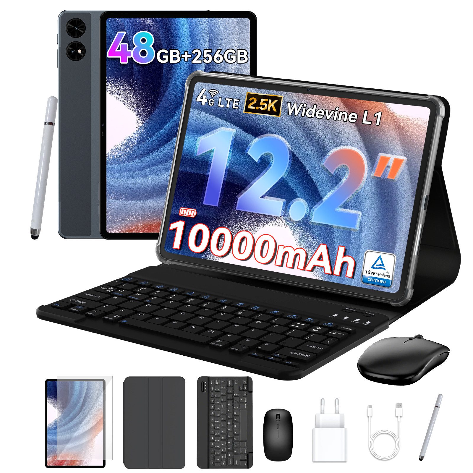 TABWEE 12,2" Android 16 4G LTE 10000 mAh Akku 256 GB Tablet (12.2", 256 GB, Android16, Android 16, 4G LTE, 5G Wifi, 10000 mAh Akku, mit Stift/Maus/Tastatur)