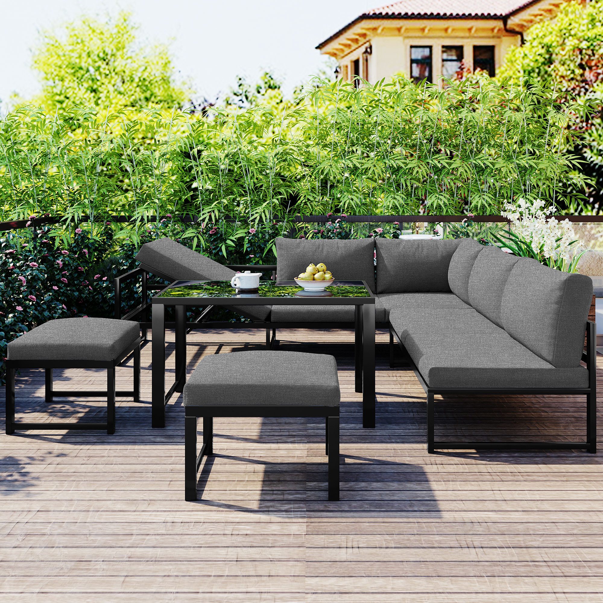Flieks Gartenlounge-Set, (5-tlg), 7-Sitzer Gruppe+4-Winkel verstellbare Lehne