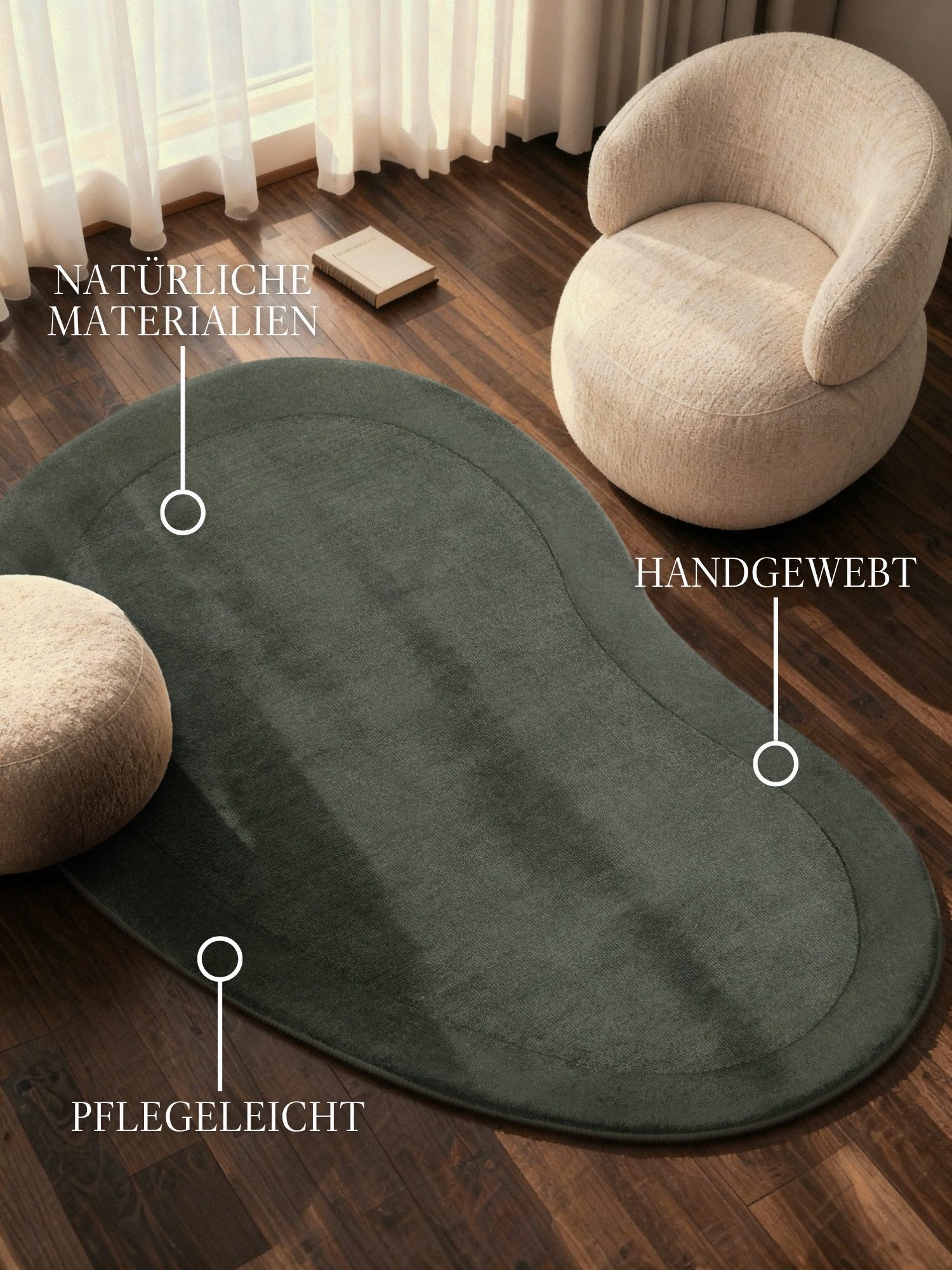 Villeroy & Boch Teppich Wollteppich Kivi, rechteckig, Höhe: 17 mm, Handgewebt, Wolle, Bordüre, Einfarbig, Läufer, Wohnzimmer, Organisch – Bild 2 von 5