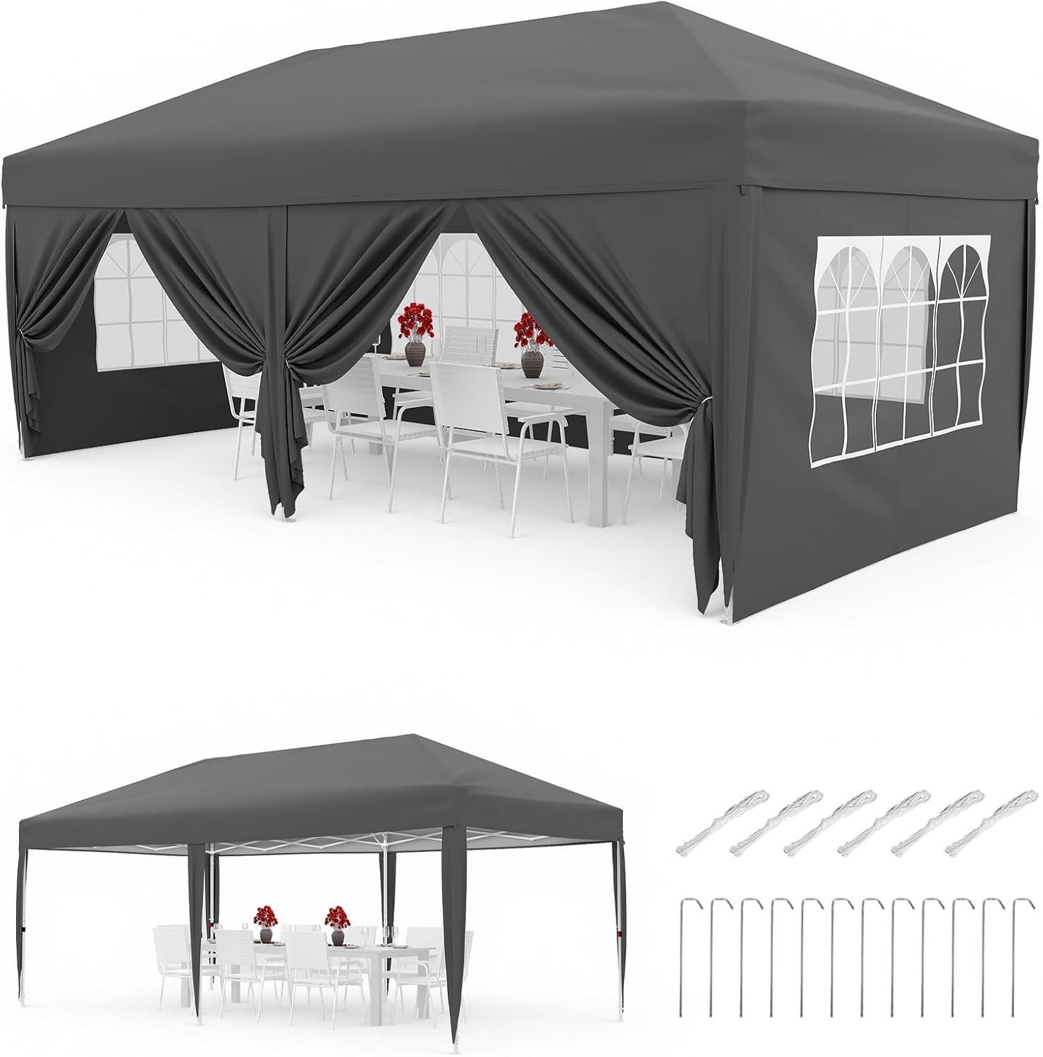 GarveeMore Faltpavillon 3x6m wasserdicht stabil mit 6 Seitenwänden,Pop up Pavillon faltbar, 420D Oxford, UV-Schutz 50+, 3-Fach höhenverstellbar, Partyzelt