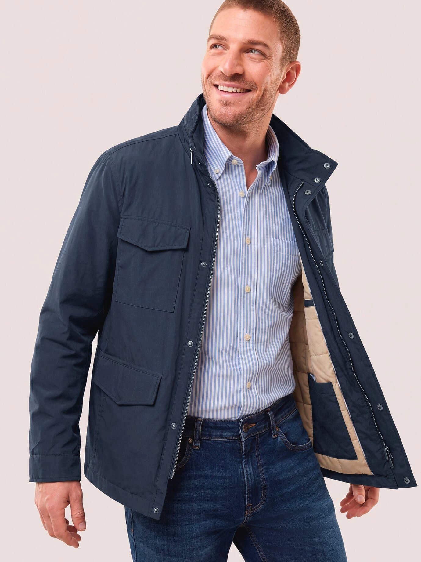 Walbusch Langjacke Herren Wärmende Langjacke mit 9 Taschen Umlegekragen, sportlich, pflegeleicht, wasserabweisend, wärmend, Kurzgröße