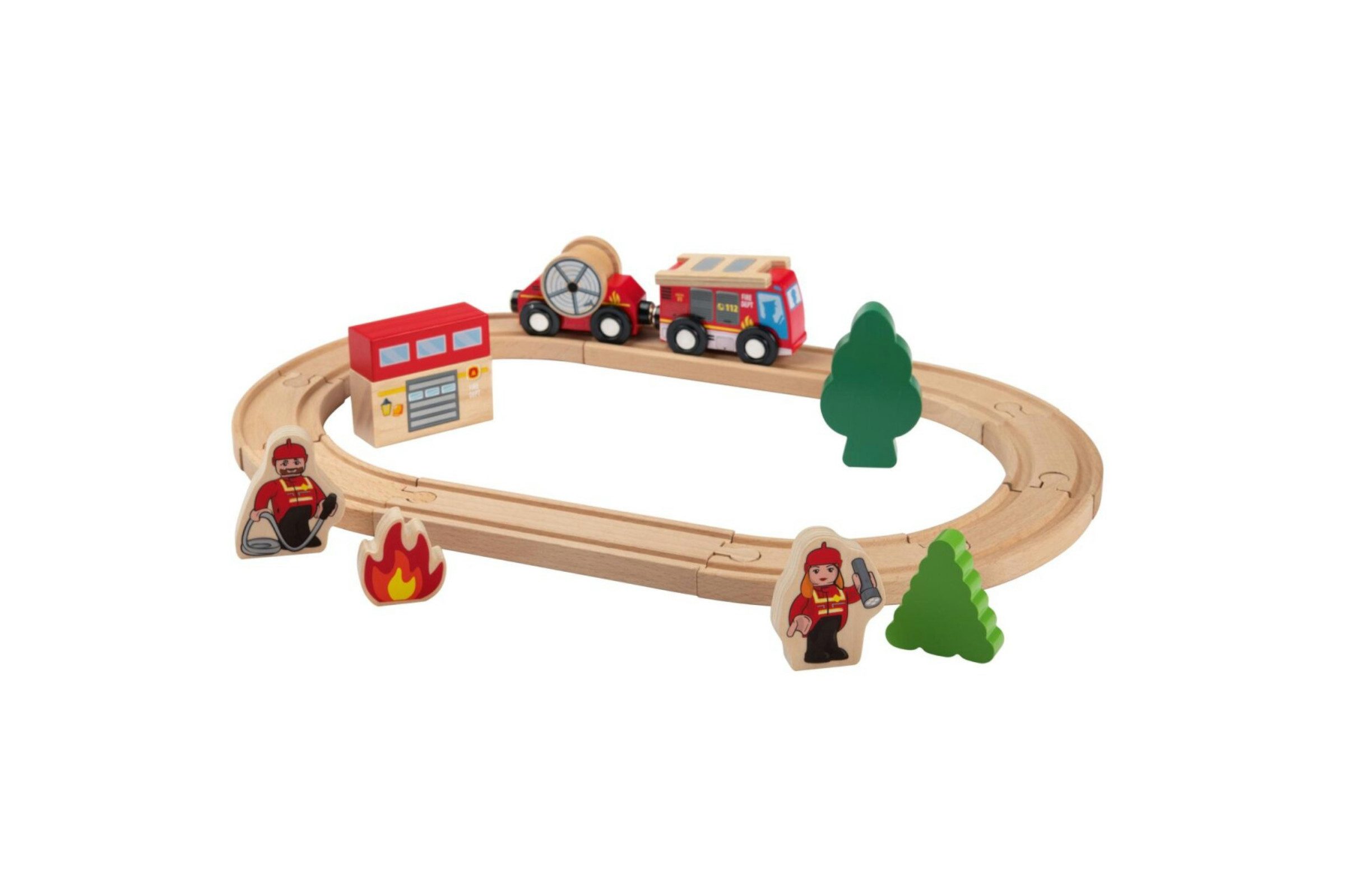 Playtive Spielzeugeisenbahn-Set Bahnset 18-tlg. Holzspielzeug Bahnset Feuerwehr, (Spielset, 18-tlg., mehrteiliges Spielset), Holzeisenbahn mit Themenwelt und Zubehör