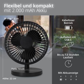 ADE Tischventilator sehr leiser USB-Ventilator mit Netzteil und Akkubetrieb, bis zu 7,5 Stunden Laufzeit, 180° Neigungswinkel