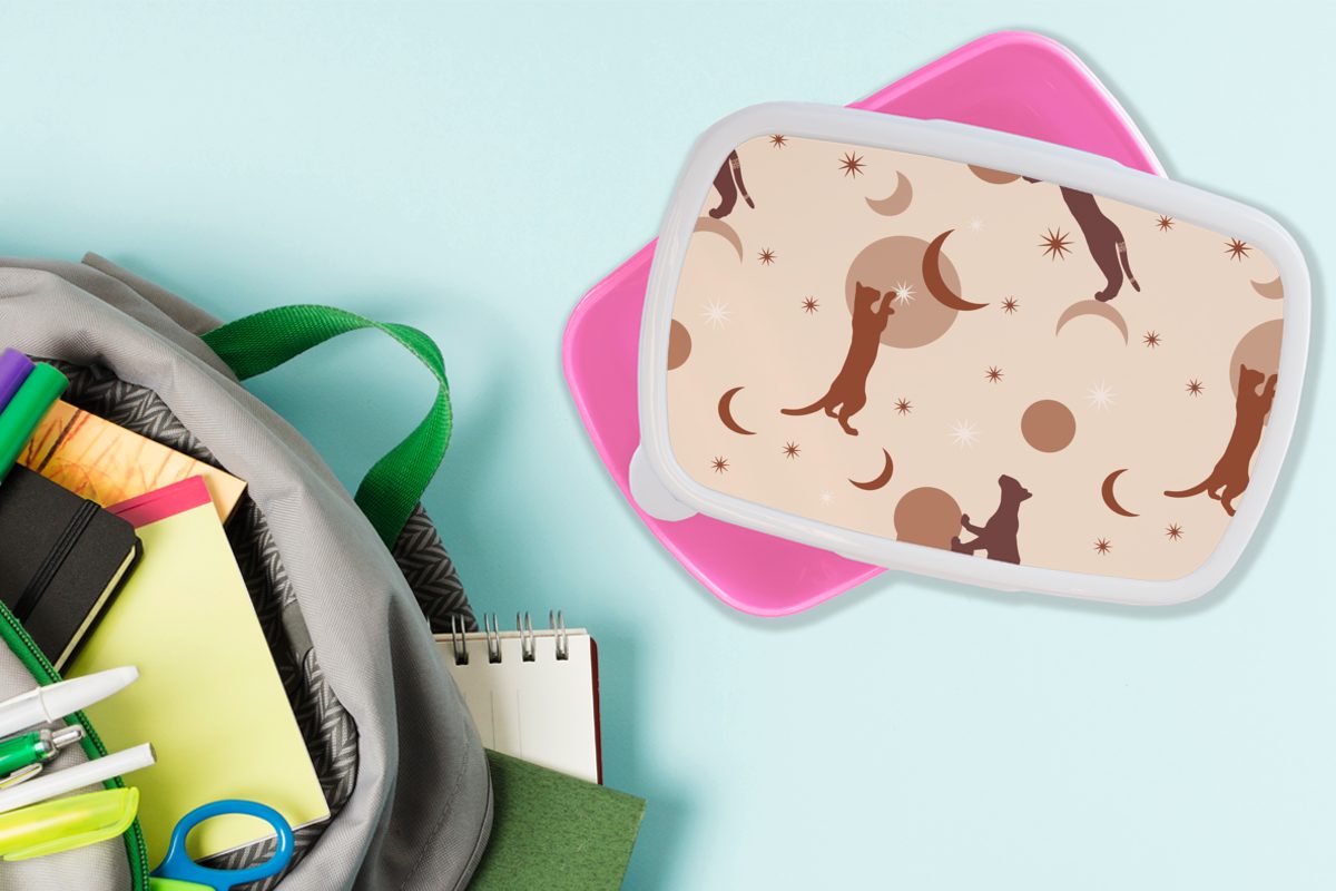 Brotbox - Katze Mädchen, Kinder, - für Pastell - Mädchen Muster Brotdose Kinder, Snackbox, Kinder Kunststoff Lunchbox - Erwachsene, - (2-tlg), rosa Kunststoff, Mond MuchoWow -