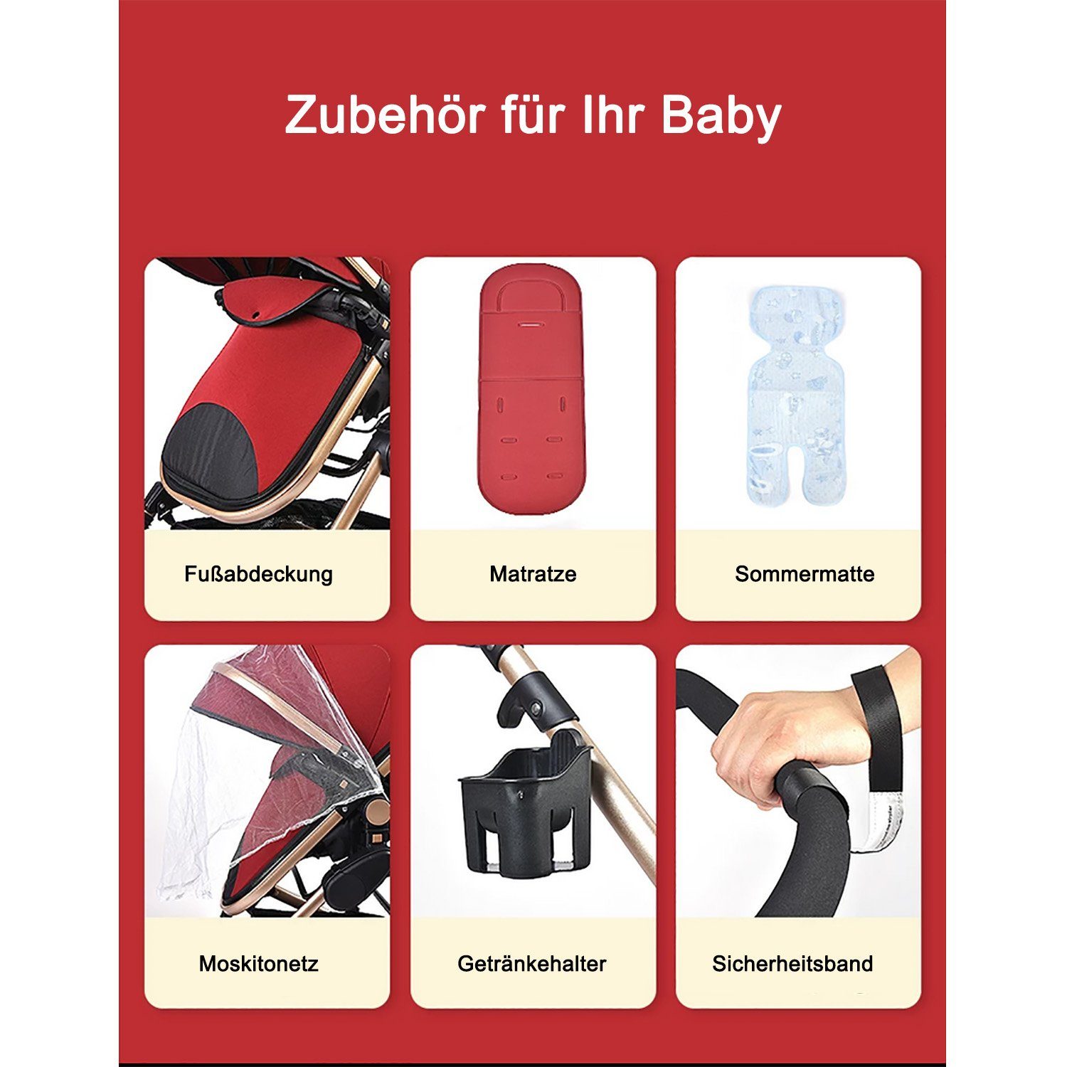 Zubehörset großem Babywanne Khaki Kombi-Kinderwagen Kinderwagen TPFLiving Buggy 1 5-Punkt-Sicherheitsgurt 3 Getränkehalter in Baby inkl. Moskitonetz, Babyschale