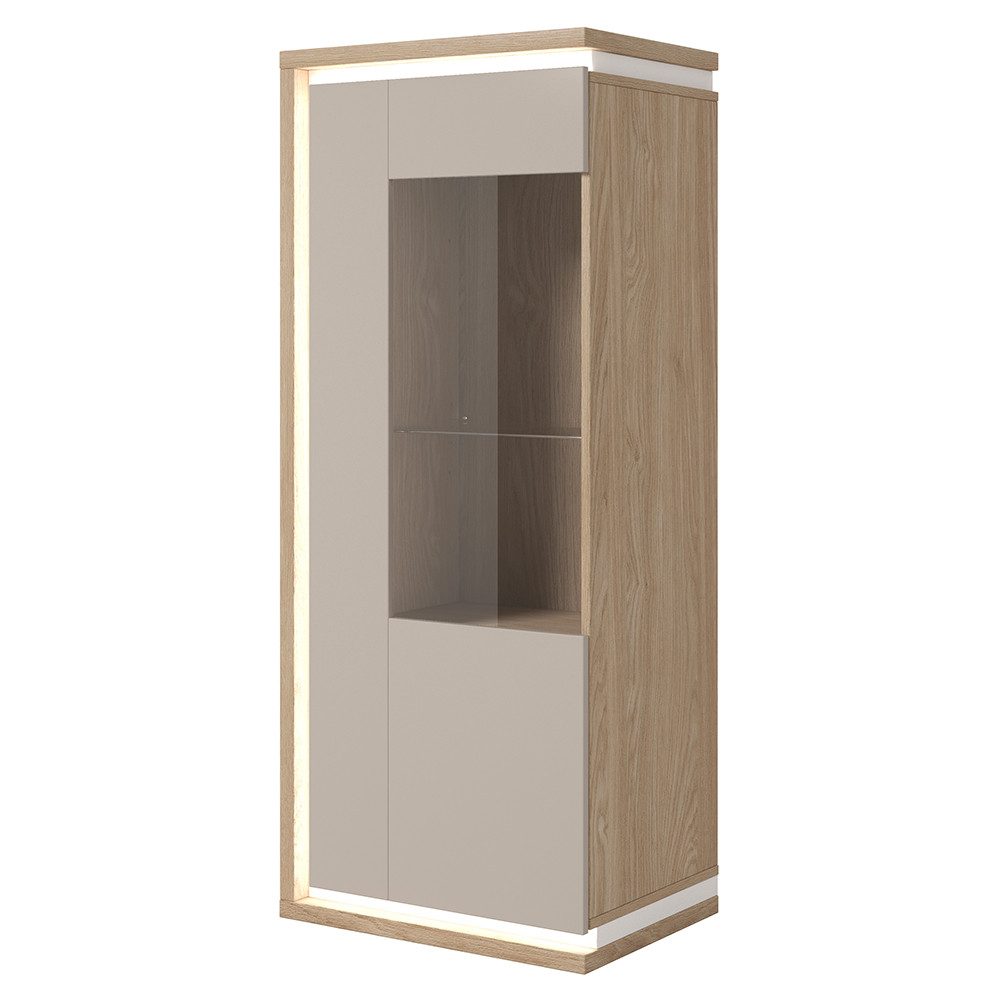 Lomadox Vitrine DRACHTEN-83 Vitrinenschrank Eiche kaschmir Modern 135cm hoch, LED-Beleuchtung