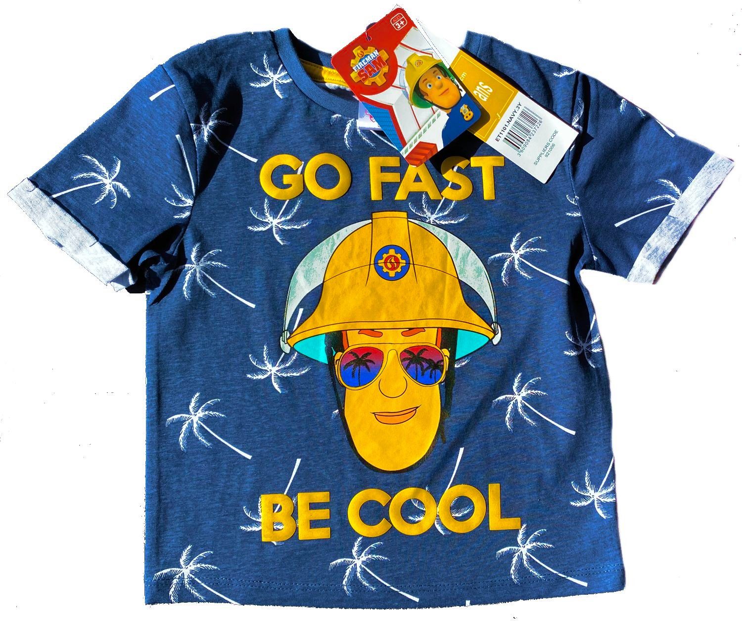 Kinder Kids (Gr. 92 -146) Feuerwehrmann Sam T-Shirt Feuerwehrmann Sam Kinder T-Shirt Sommershirt blau und grau Jungen und Mädche