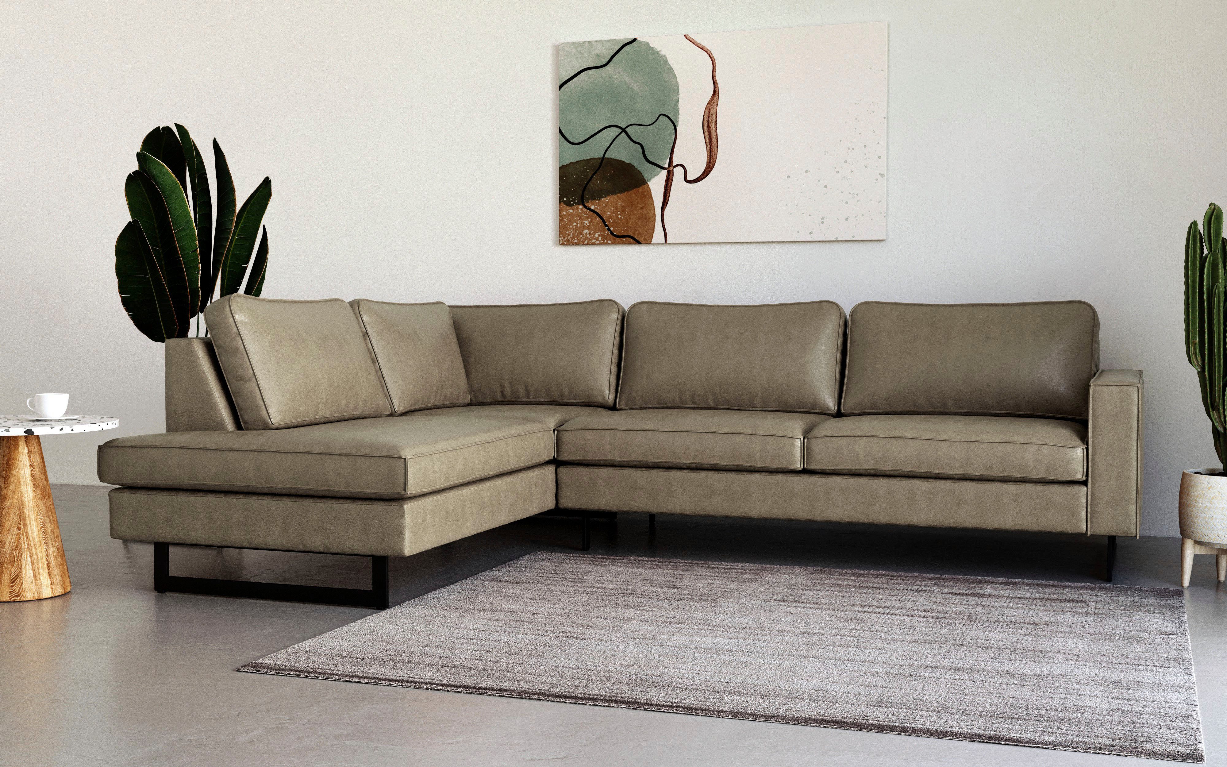 Places of Style Ecksofa Pinto, 290 cm, Cord, Chenille, Lederoptik, Ottomane links / rechts, mit Keder, schwarze Metallfüße, Wellenunterfederung