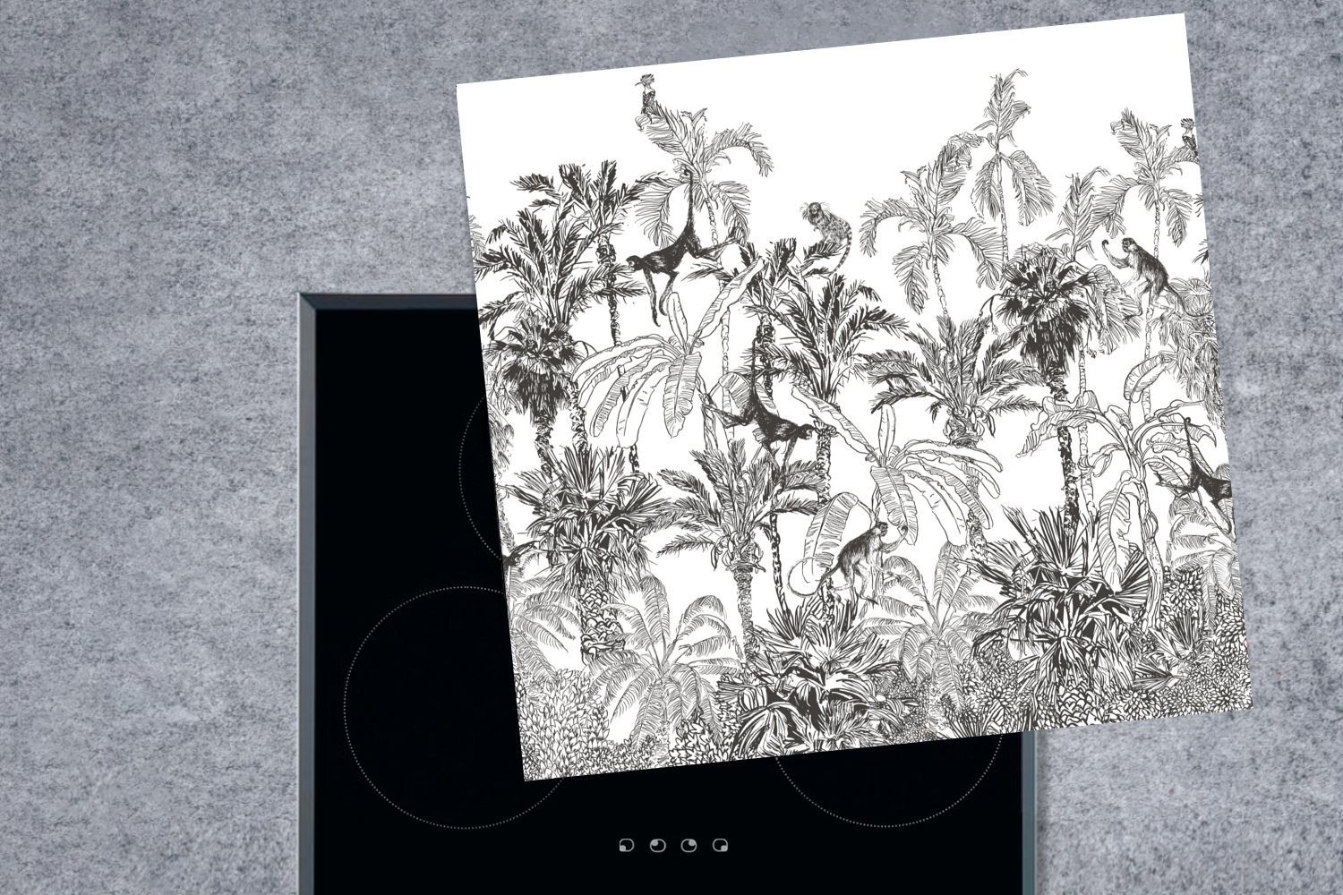 MuchoWow Herdblende-/Abdeckplatte Dschungel - Tiere 78x78 Schwarz tlg), küche Weiß, - - für cm, Arbeitsplatte (1 Ceranfeldabdeckung, Vinyl