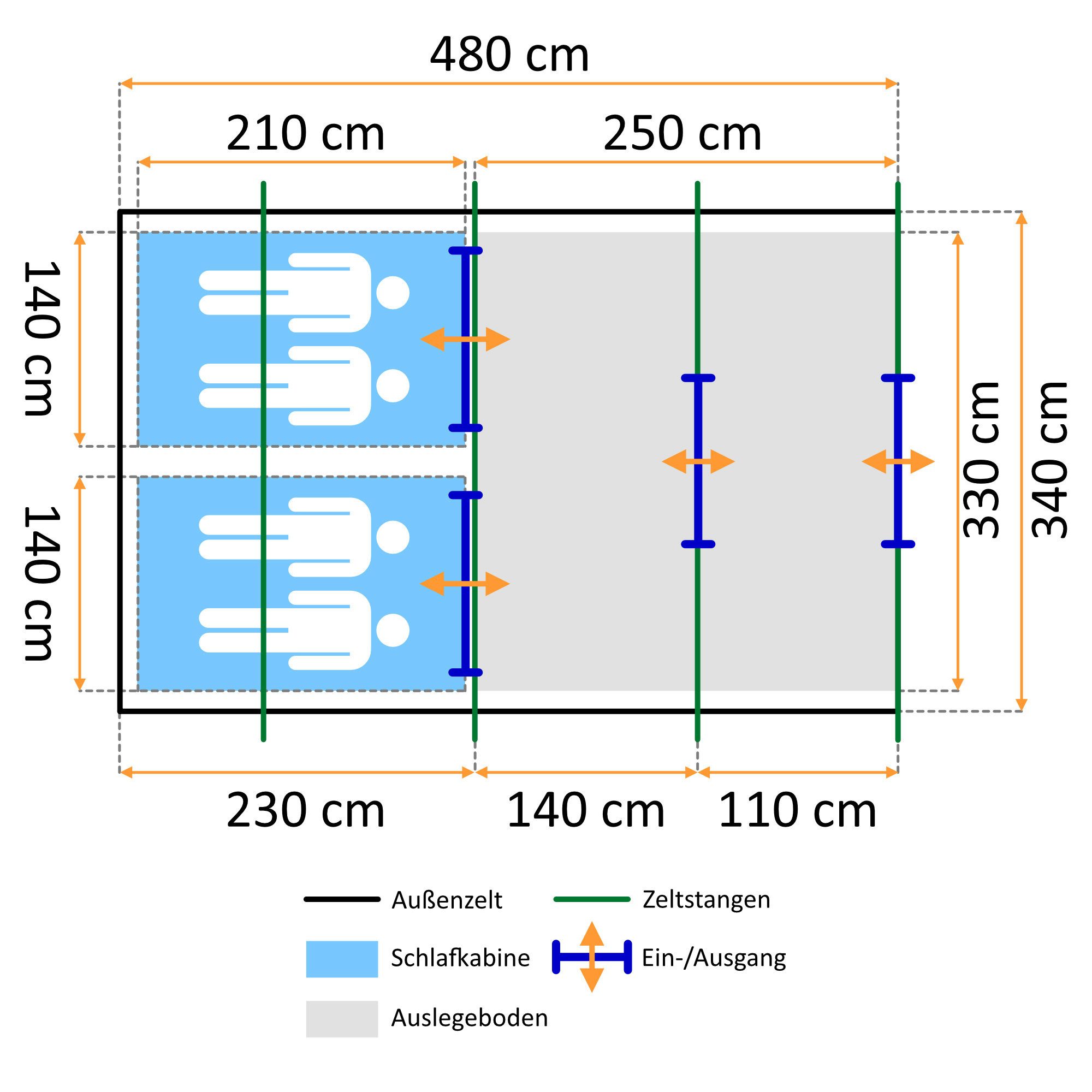 CampFeuer Tunnelzelt Zelt Multi für 4 Personen, Blau/Hellblau, Tunnelzelt mit Vorraum, 5000, Personen: 4