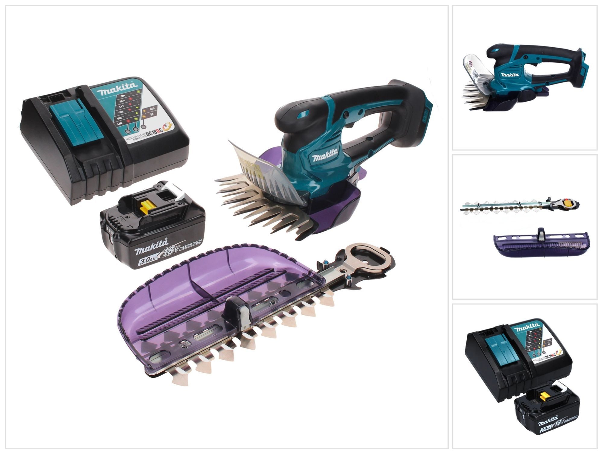 Makita Akku-Grasschere DUM 604 RF1X 18 V mit Gras- und Strauchscherblatt + 1x Akku 3,0 Ah