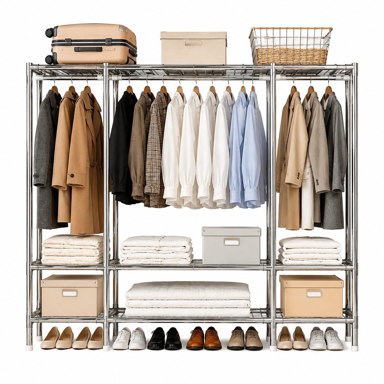 Fyrove Kleiderschrank aus Stoff mit Kleiderstange für Schlafzimmer (Faltschrank mit Stahlrohrgestell, Reißverschluss und Staubschutz) 165 × 170 × 45 cm, abnehmbarer Bezug, ca. 5,7 kg
