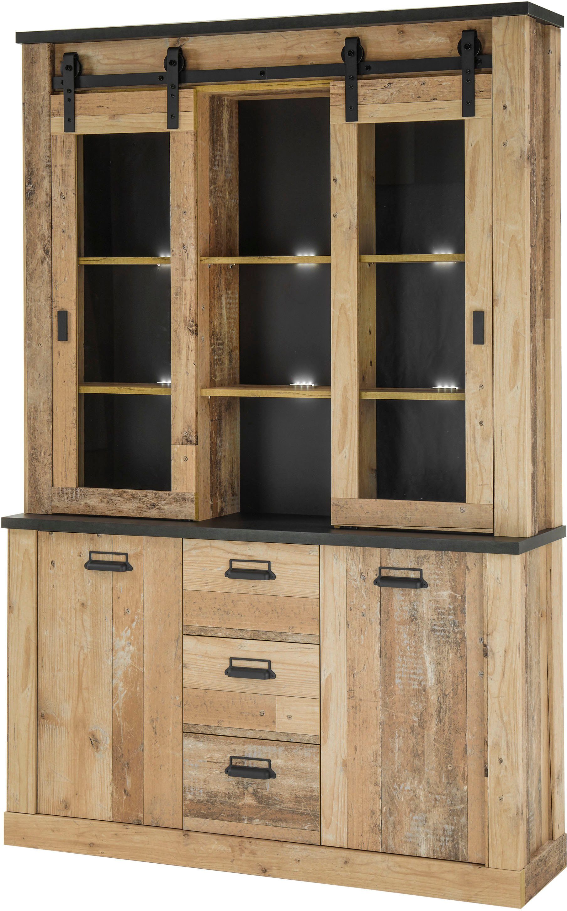 Home affaire Buffet SHERWOOD Holz Dekor, mit Scheunentorbeschlag und Apothekergriffen, Breite 133cm