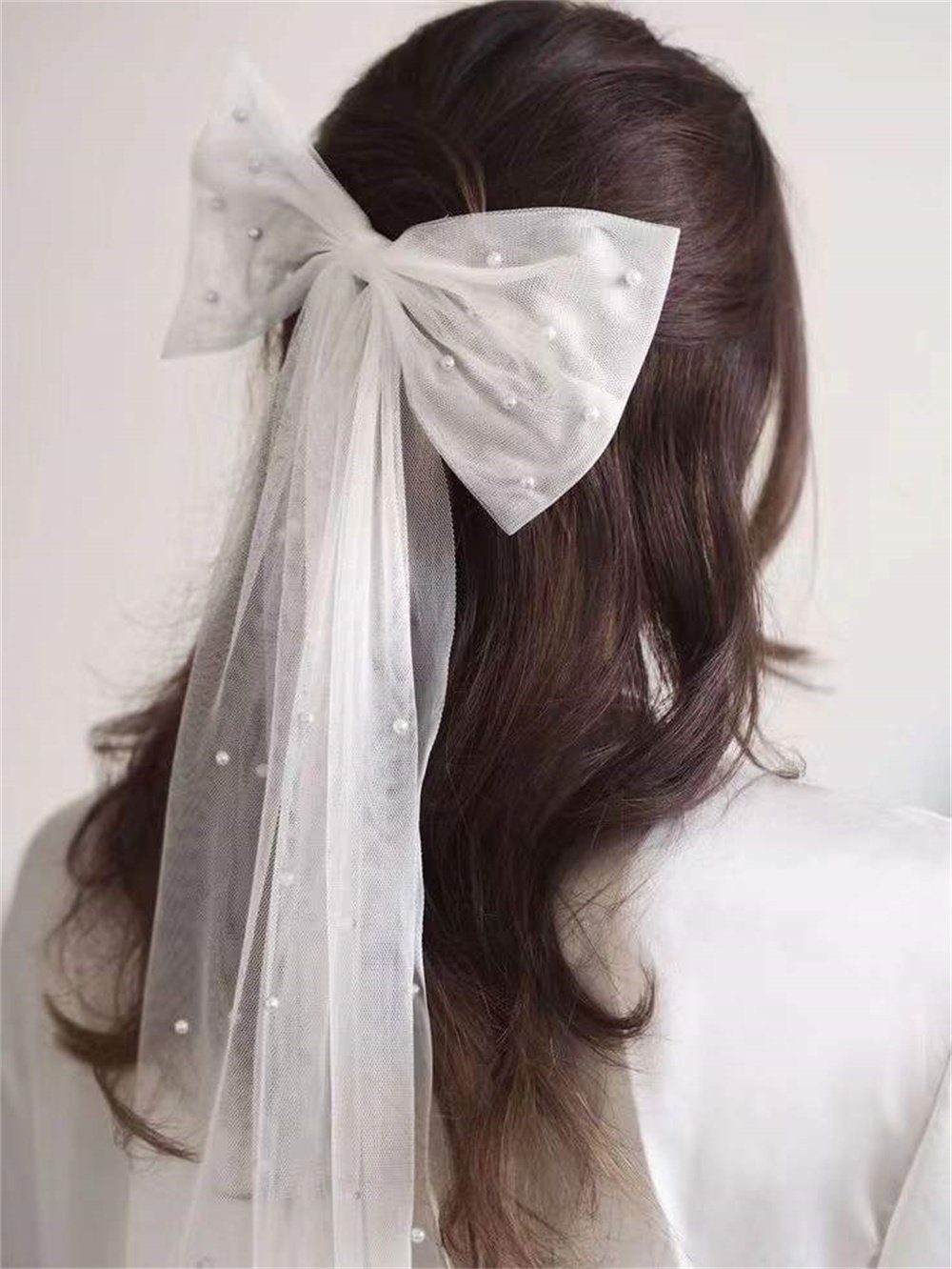 ManKle Perlenschleife Elegante Tüll,mit Haarspange Schleier lange Schleife