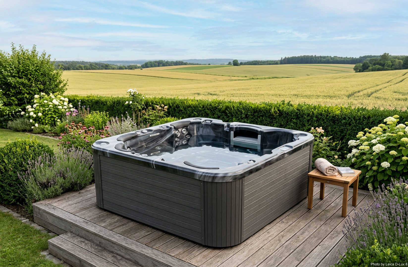 SPA Kompagniet Whirlpool Scandinavic Wood Art "Pellworm" Outdoor Whirlpool 5P Bluetooth 200x200, Aufstellbecken, (Komplett mit Thermo-Cover, 2 Filter und Beleuchtung), 53 Massagedüsen, Bluetooth-Musikanlage und Wasserfall