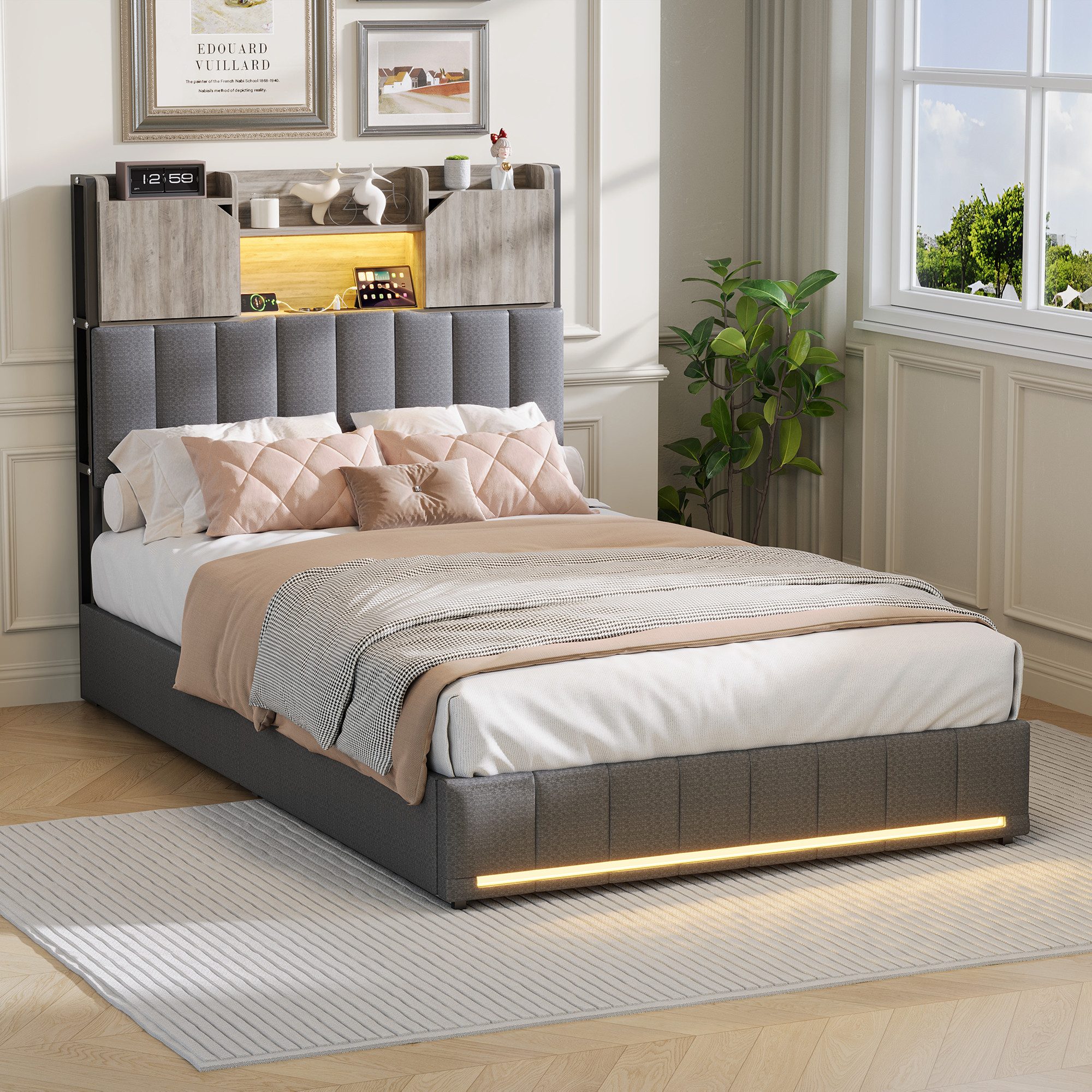 Furnishings Home Polsterbett 90x200 cm, LED Stauraumbett Jugendbett (1-tlg., Leinenmaterial, Komforthöhe, Leises Design Bett), Mit Ladefunktion und 2 Schubladen LED-Beleuchtung Einzelbett