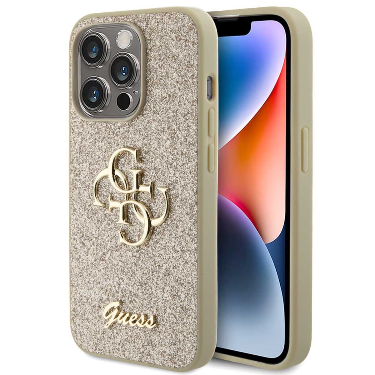 Guess Backcover Guess 4G Metal Logo Back Cover mit Glitter Apple iPhone 15 Pro - Gold