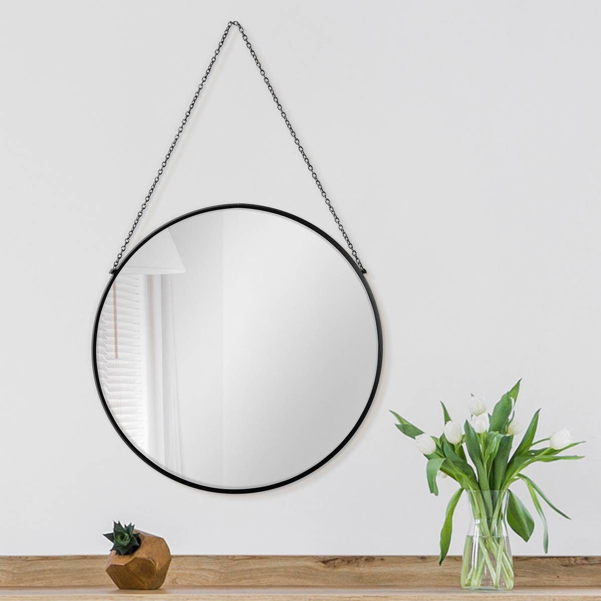 Spiegel schmalem rund Wandspiegel 50 cm Kettenaufhängung, Metallrahmen und PHOTOLINI mit Schwarz