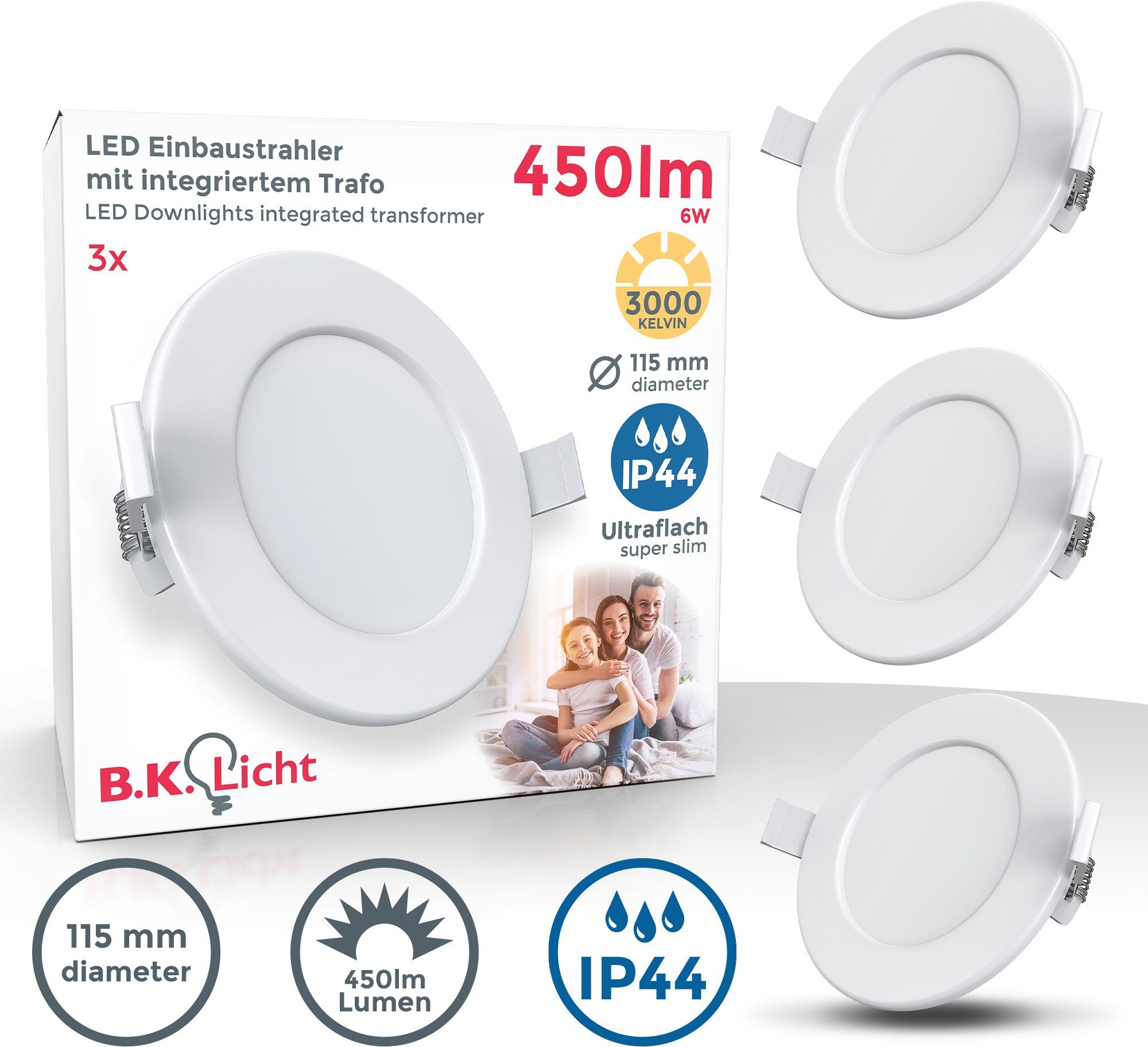 B.K.Licht LED Einbauleuchte 3er Set Bad Einbaustrahler, IP44 geschützt, flache Einbauspots, LED fest integriert, Warmweiß, 3.000K, 450Lm, 6W, Kunststoff, 11,5 x 3 cm, Weiß