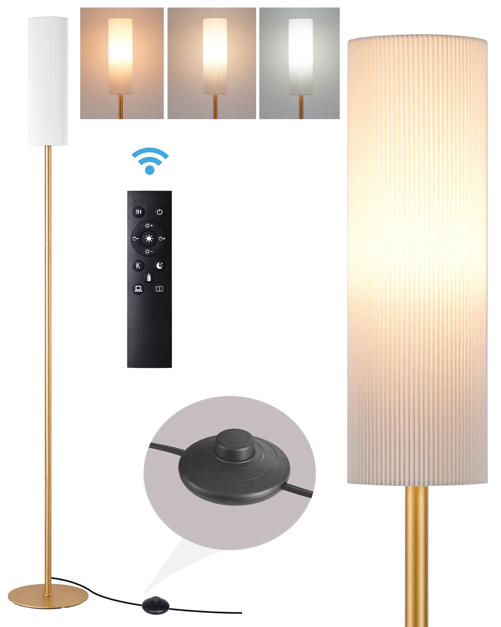 EDISHINE Stehlampe Wohnzimmer, LED wechselbar, warmweiß bis kaltweiß dimmbar, Stehlampe 165cm mit Fernbedienung