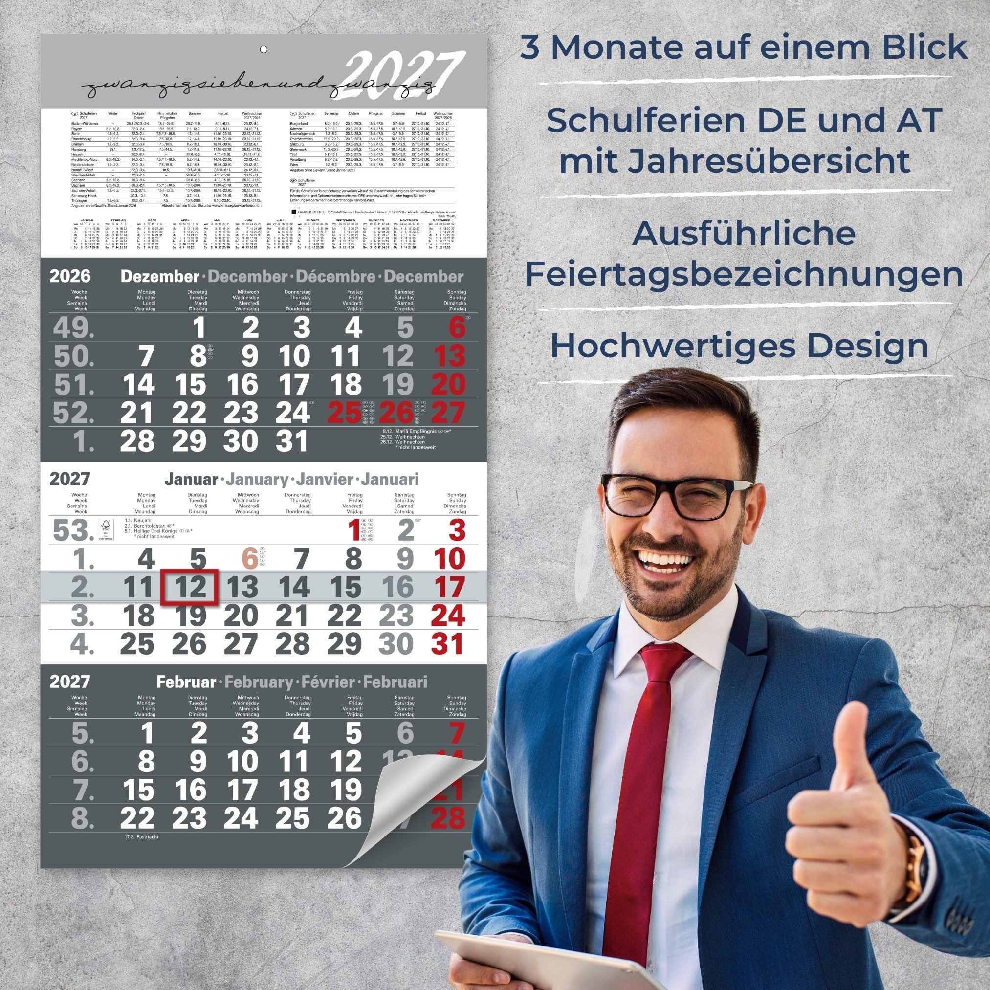 Kamber Office Wandkalender 3 Monatskalender 2027 mit Schieber Büro Kalender, Großer Kalender 2027, Dreimonatskalender 2027 groß mit Datumsschieber Jahreskalende – Bild 3 von 5