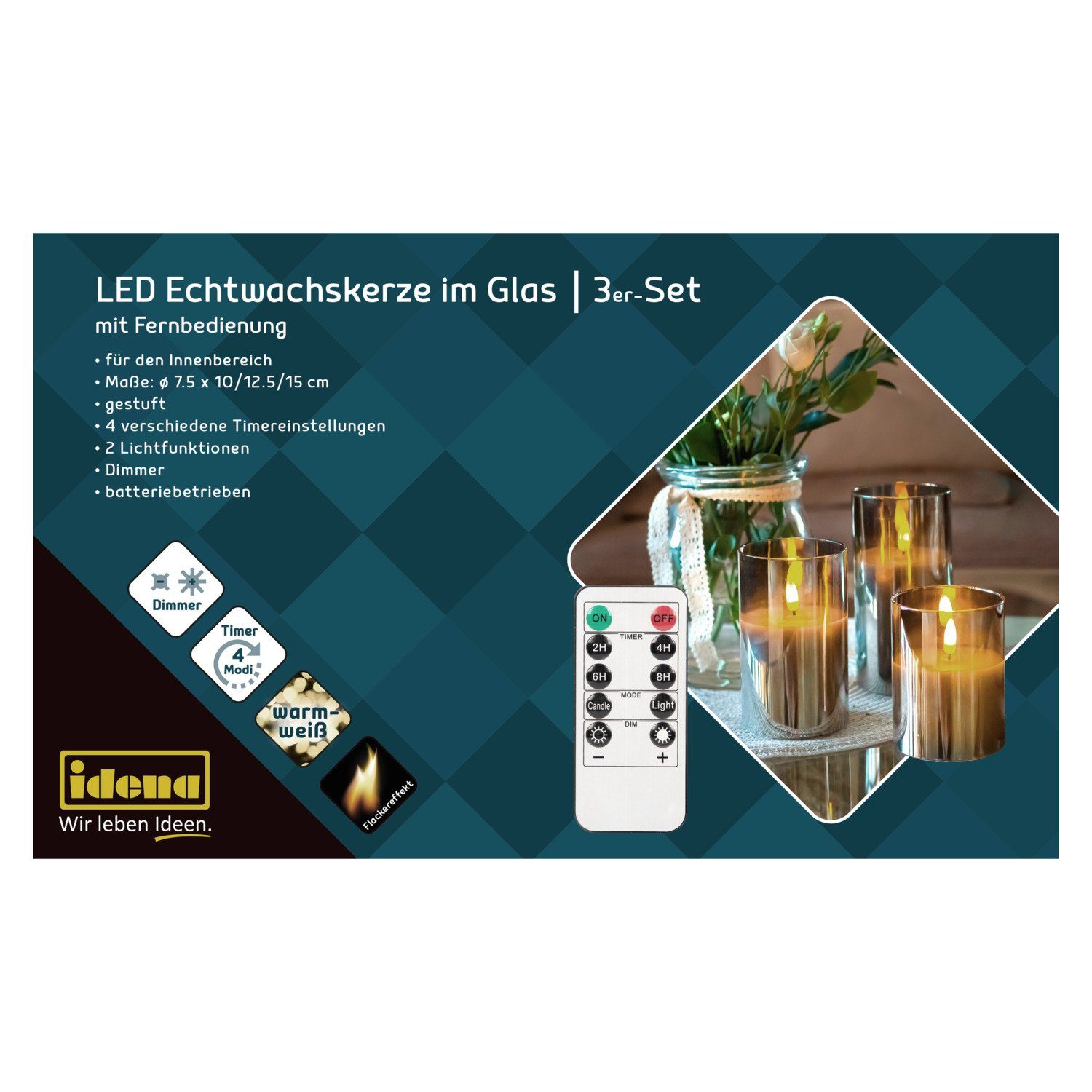 Idena LED-Kerze Idena 50062 - LED Kerzen mit Timerfunktion, Batterie, Dimmer, 2 Lichte