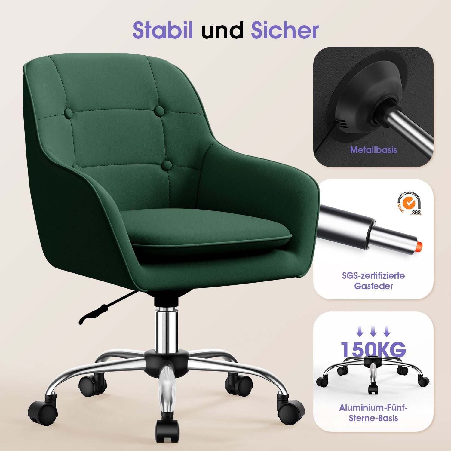 Adormii Bürostuhl Schminkstuhl,Homeoffice Stuhl mit Armlehnen,Drehstuhl mit Rrollen (Schreibtischstuhl,Boucle-Gewebe,höhenverstellbar,für Schminktisch,Arbeitszimmer, Schlafzimmer,150kg)