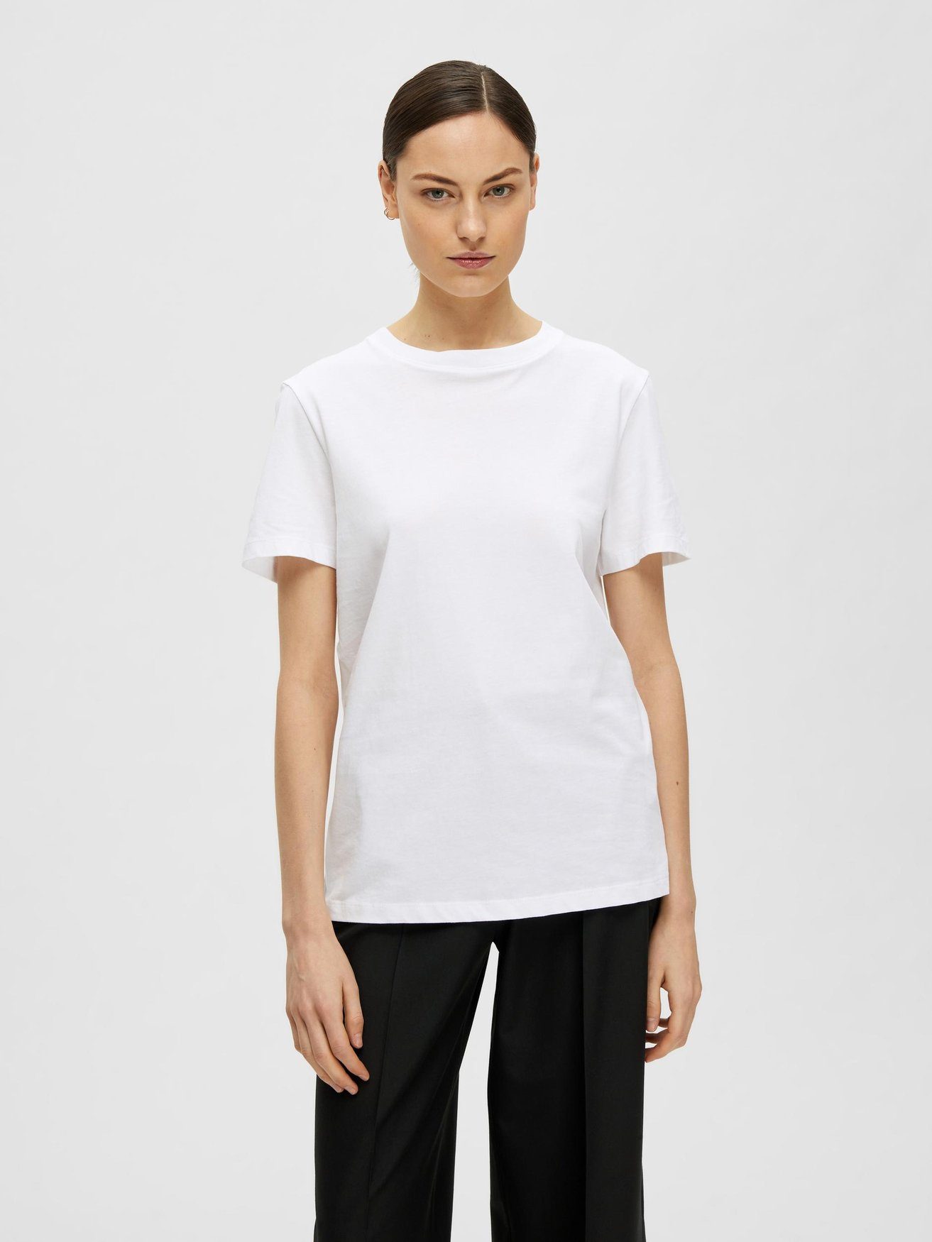 Dünnes Shirt T-Shirt SELECTED SLFMYESSENTIAL Kurzarm 6075 FEMME Weiß-2 Basic in