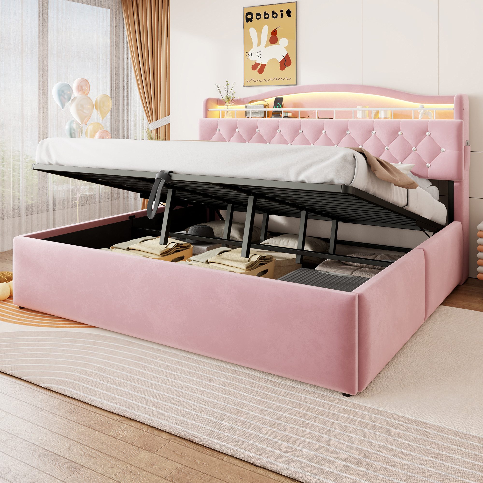 Merax Polsterbett mit LED-Kopfteilbeleuchtung und USB & USB-C Anschlüssen, Samtbezug (Multifunktionsbett, 1-tlg), Doppelbett 180x200cm mit hydraulischem Staurau – Bild 3 von 5